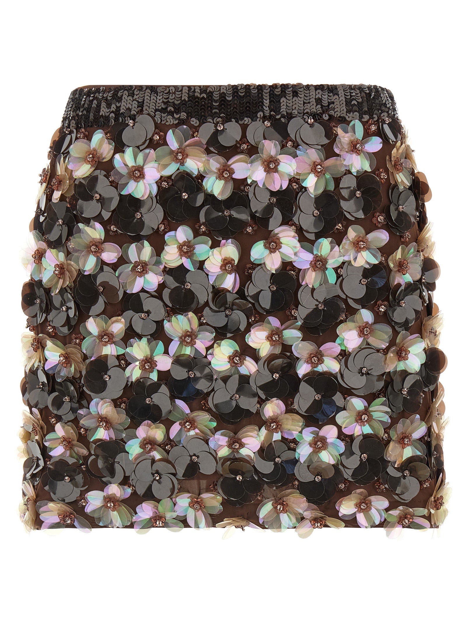 Skirt by P.A.R.O.S.H. for women in stretch polyamide brown & floral showcases a sultry silhouette, elegantly defined by its long and the sophisticated sultry design of the Women's Stretch Polyamide Long Skirt.