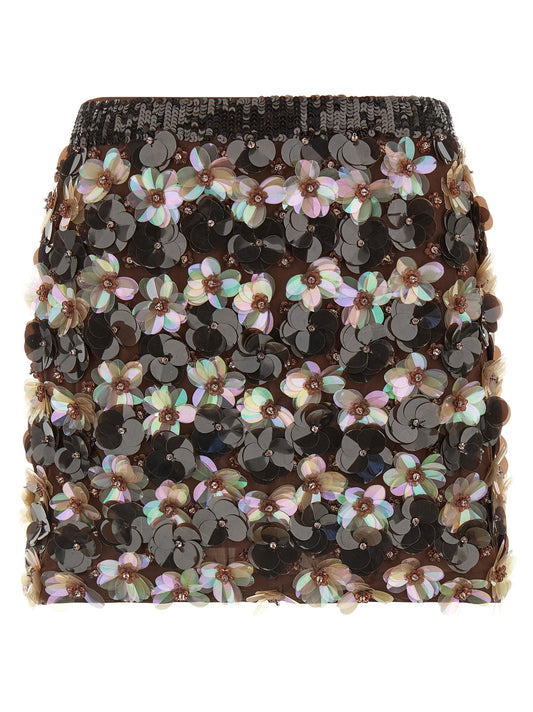 Skirt by P.A.R.O.S.H. for women in stretch polyamide brown & floral showcases a sultry silhouette, elegantly defined by its long and the sophisticated sultry design of the Women's Stretch Polyamide Long Skirt.