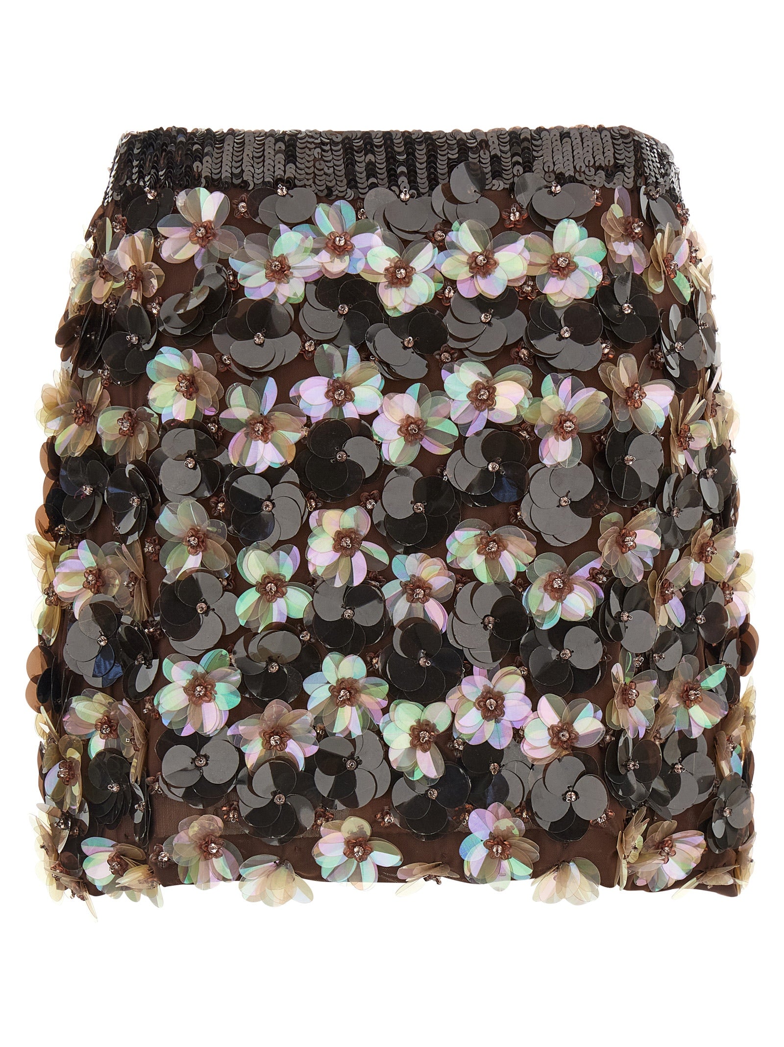 Skirt by P.A.R.O.S.H. for women in stretch polyamide brown & floral features a captivating silhouette, showcasing the captivating Women's Stretch Polyamide Long Skirt design with a sophisticated long for a captivating look.