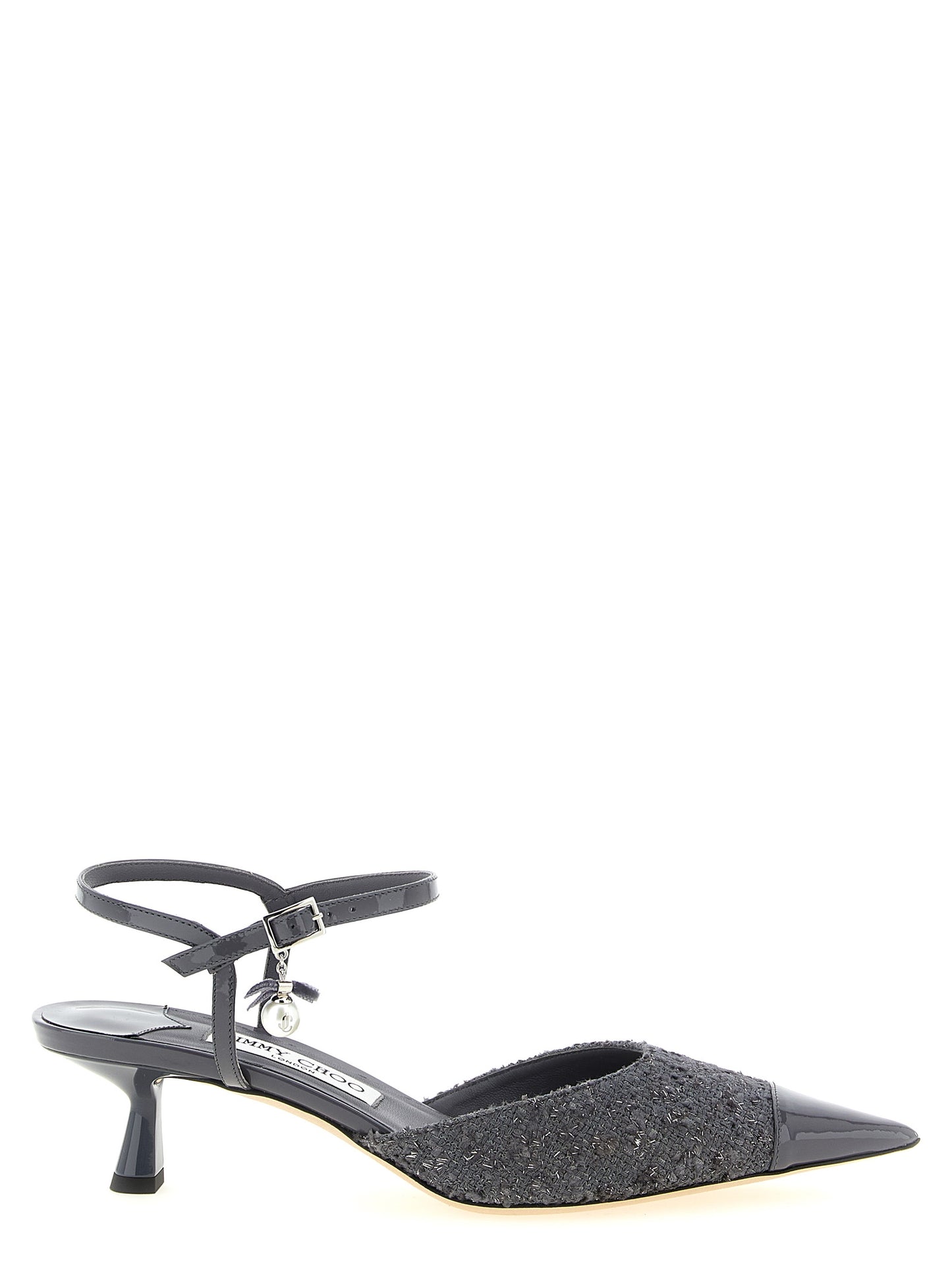 Mid-Heel Ankle Strap Slingback Pumps Heels by Jimmy Choo for women in patent leather gray & pearl features a effortless chic silhouette, showcasing the Women's Patent Leather Mid-Heel Ankle Strap Slingback Pumps Heels design with a effortless chic mid-heel and pointed toe style for a effortless chic finish.