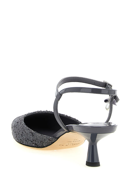 Mid-Heel Ankle Strap Slingback Pumps Heels by Jimmy Choo for women in patent leather gray & pearl features a effortlessly chic Women's Patent Leather Mid-Heel Ankle Strap Slingback Pumps Heels design with a sophisticated mid-heel and elegant pointed toe style.