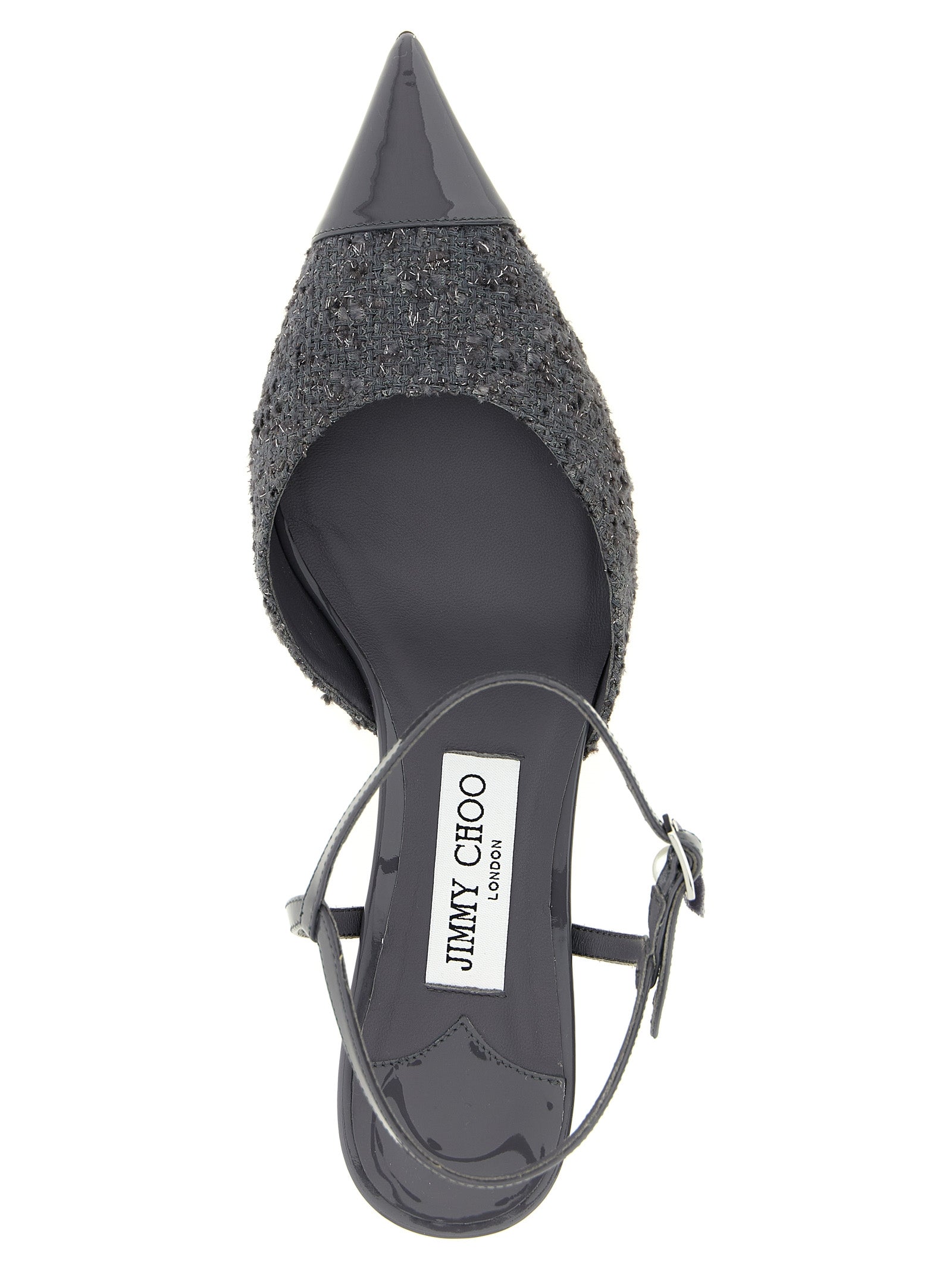 This Mid-Heel Ankle Strap Slingback Pumps Heels by Jimmy Choo for women in patent leather gray & pearl presents a effortlessly chic silhouette from the Women's Patent Leather Mid-Heel Ankle Strap Slingback Pumps Heels collection, featuring a effortlessly chic mid-heel and effortlessly chic pointed toe style.