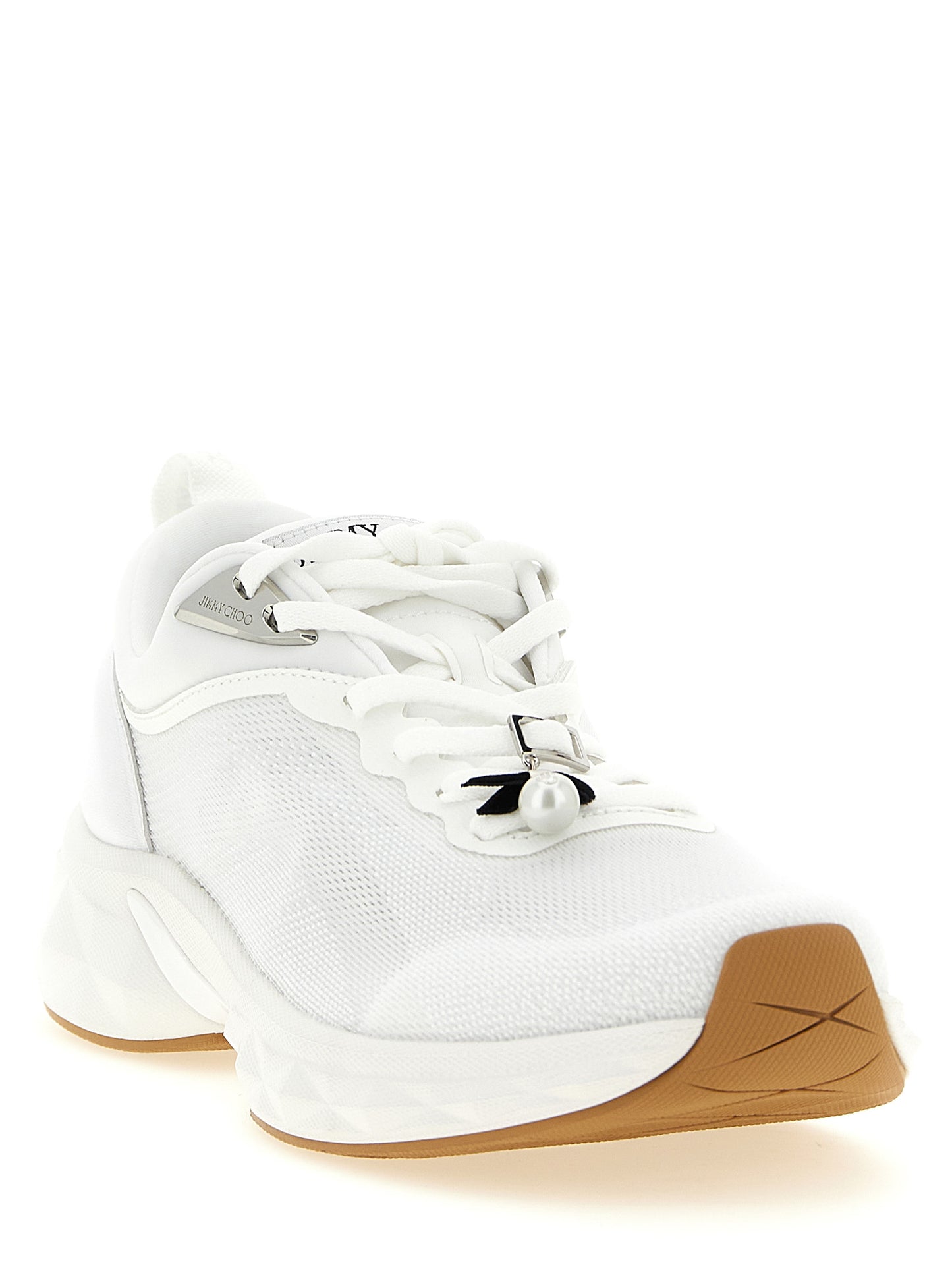 Athletic Sneakers by Jimmy Choo for women in polyurethane nappa leather pearl, white & patterned showcases a architectural silhouette, artfully capturing the essence of the Women's Sock Athletic Polyurethane Nappa Leather Sneakers with its signature architectural sock athletic style construction.