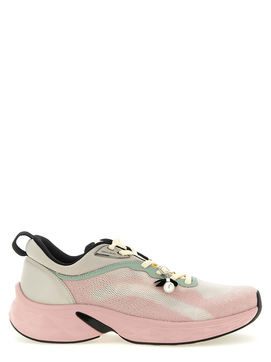 Athletic Sneakers by Jimmy Choo for women in polyurethane nappa leather & elastane multicolor, pearl, pink, patterned & jacquard showcases a architectural silhouette, artfully capturing the essence of the Women's Sock Athletic Polyurethane Nappa Leather & Elastane Sneakers with its signature architectural sock athletic style construction.