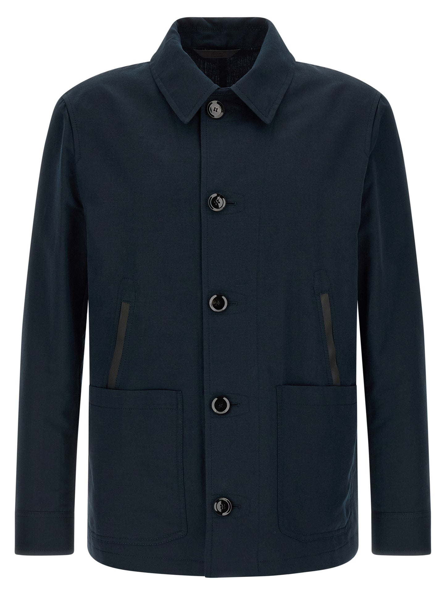 Overcoat by Brioni for men in linen cotton & leather blue features an satoral silhouette, showcasing a sophisticated square shirt-collar neckline and satoral pockets for a premium, timeless look.