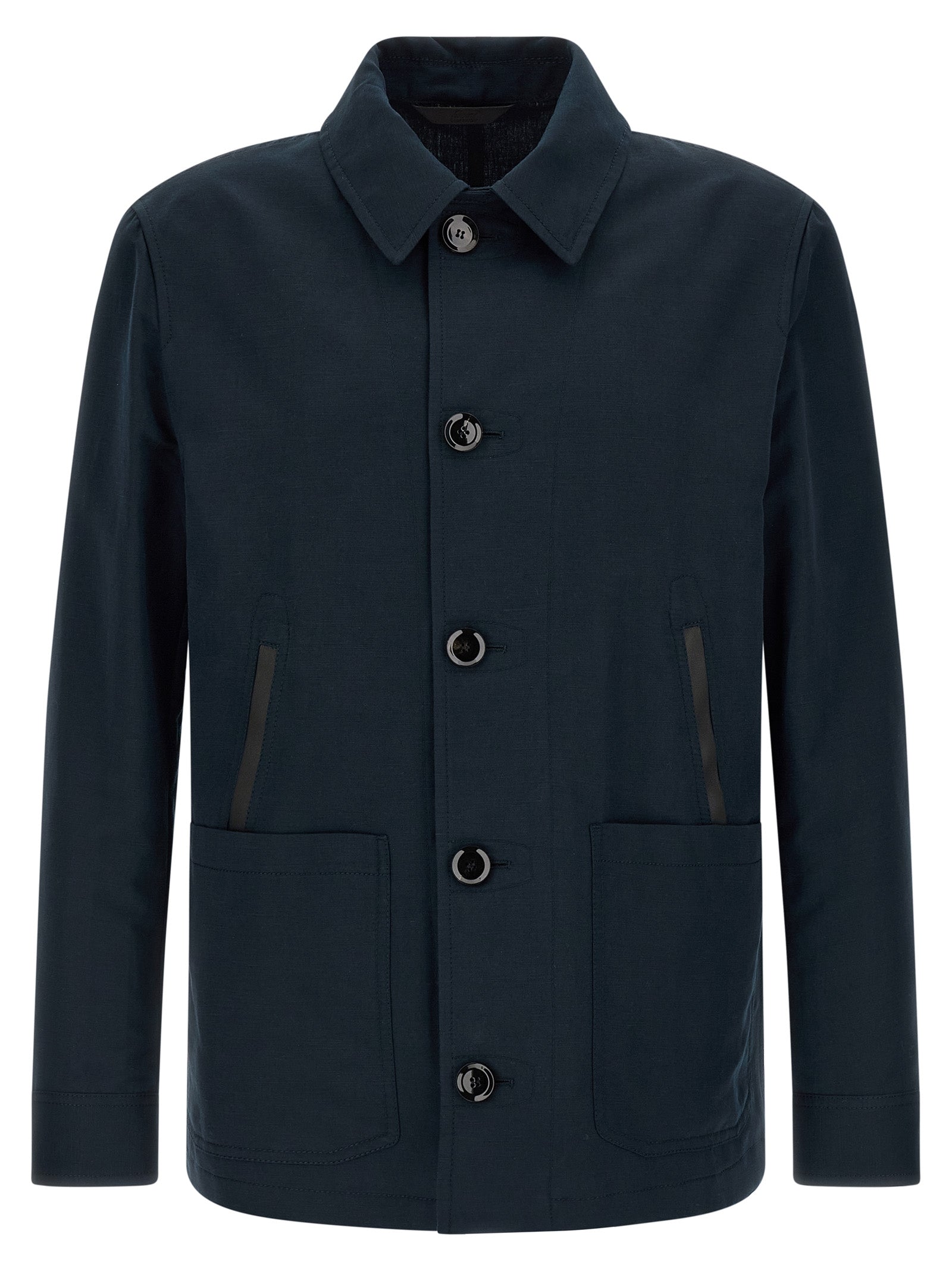 Overcoat by Brioni for men in linen cotton & leather blue features an satoral silhouette, showcasing a sophisticated square shirt-collar neckline and satoral pockets for a premium, timeless look.