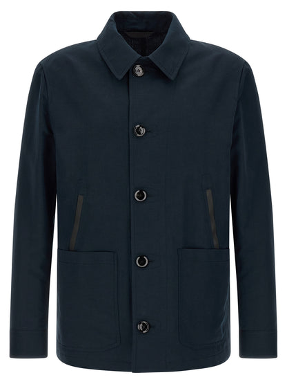 Overcoat by Brioni for men in linen cotton & leather blue features an satoral silhouette, showcasing a sophisticated square shirt-collar neckline and satoral pockets for a premium, timeless look.