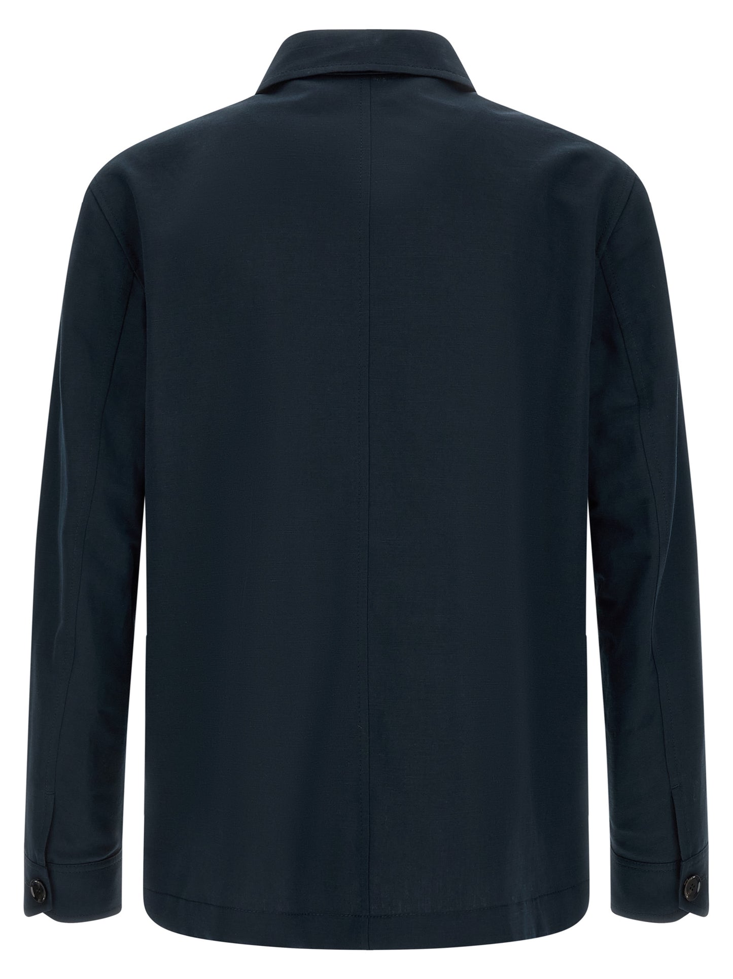 Overcoat by Brioni for men in linen cotton & leather blue features an voluminous silhouette, showcasing distinct pockets and a voluminous square shirt-collar neckline for a truly voluminous aesthetic.