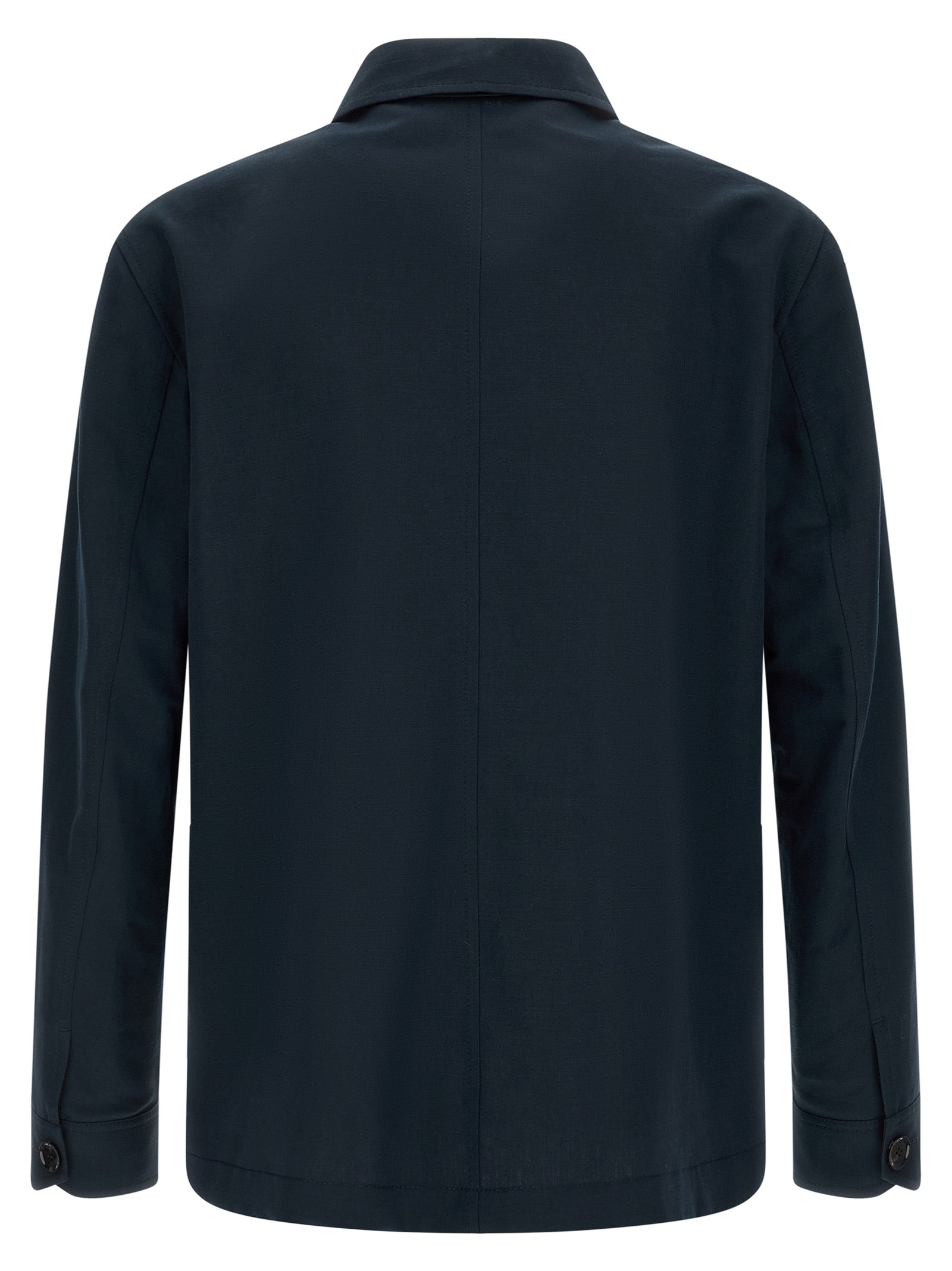 Overcoat by Brioni for men in linen cotton & leather blue features an voluminous silhouette, showcasing distinct pockets and a voluminous square shirt-collar neckline for a truly voluminous aesthetic.