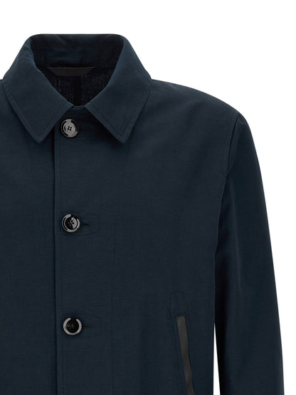 Overcoat by Brioni for men in linen cotton & leather blue presents a luxurious silhouette, showcasing a luxurious square shirt-collar neckline and sophisticated pockets for a premium, luxurious look.