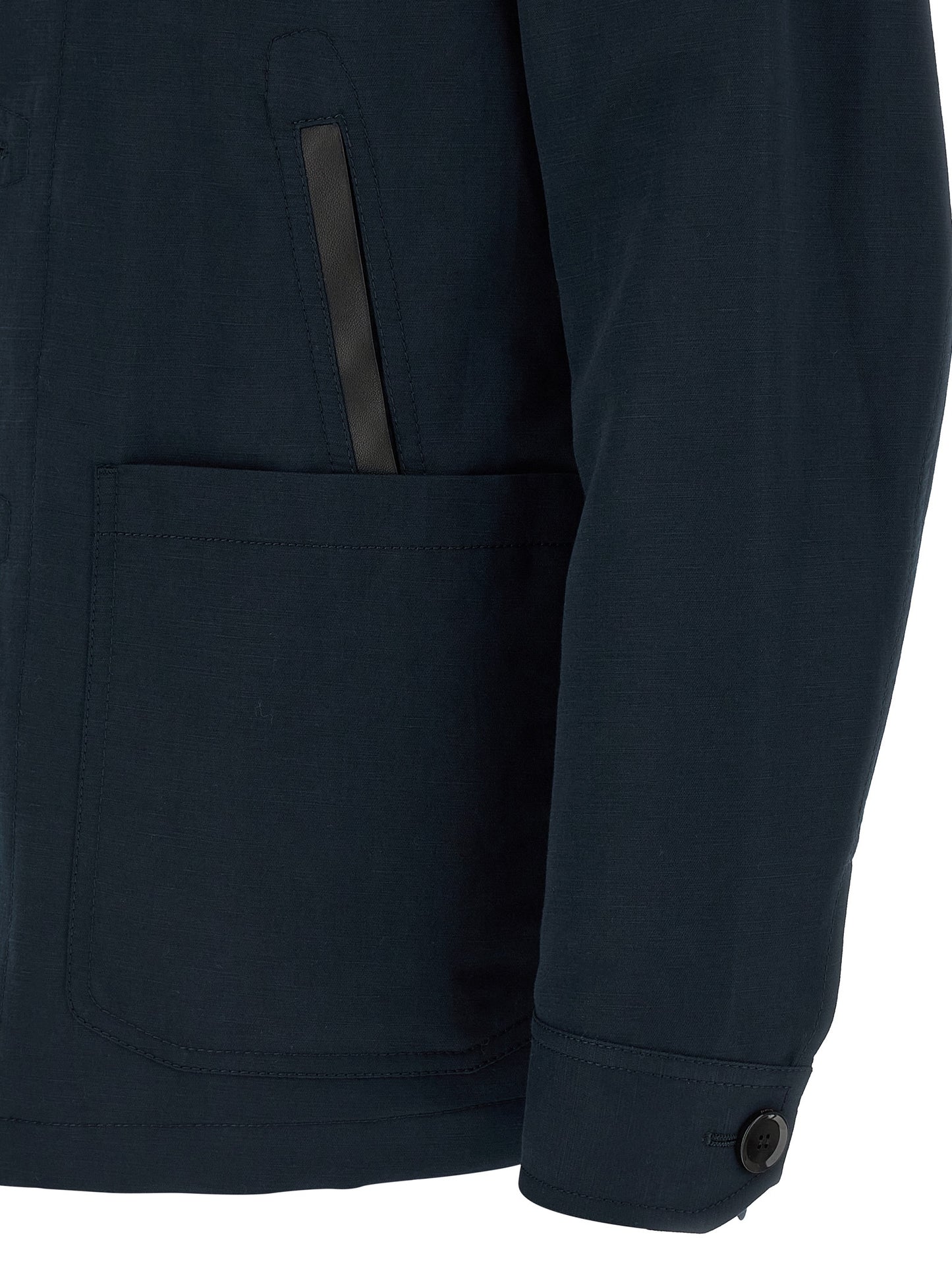 Overcoat by Brioni for men in linen cotton & leather blue features an satoral silhouette, showcasing a sophisticated and satoral pockets for a premium, timeless look.