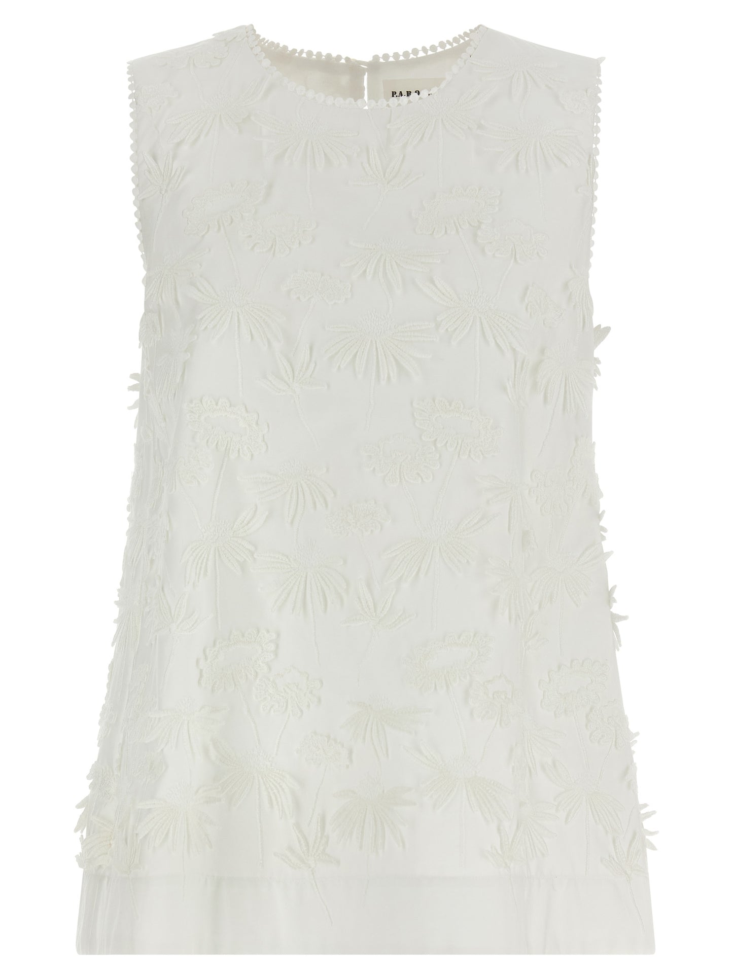 Blouse by P.A.R.O.S.H. for women in cotton white & floral features an polished silhouette, showcasing a sophisticated round neckline and sleeveless detail for a truly polished finish.