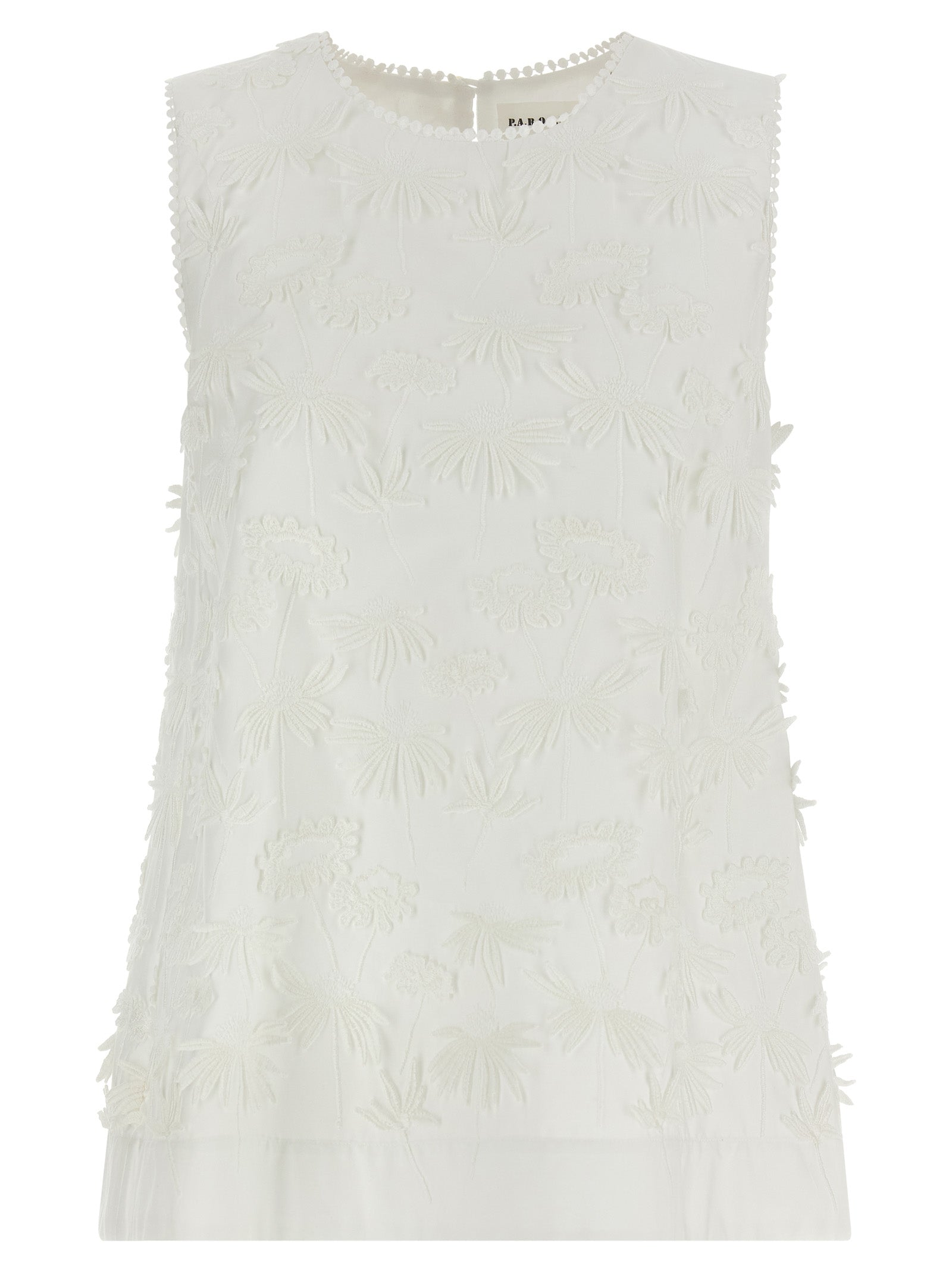 Blouse by P.A.R.O.S.H. for women in cotton white & floral features an polished silhouette, showcasing a sophisticated round neckline and sleeveless detail for a truly polished finish.