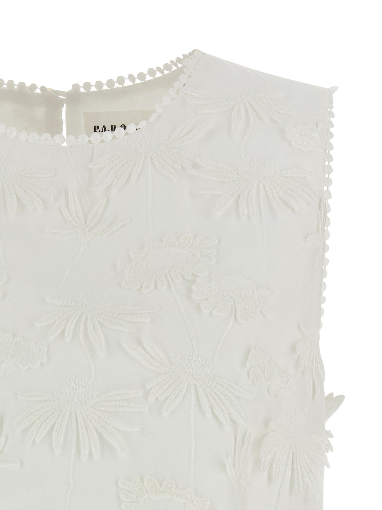 Blouse by P.A.R.O.S.H. for women in cotton white & floral showcases a sharp silhouette, elegantly detailed with a sharp round neckline and sharp .
