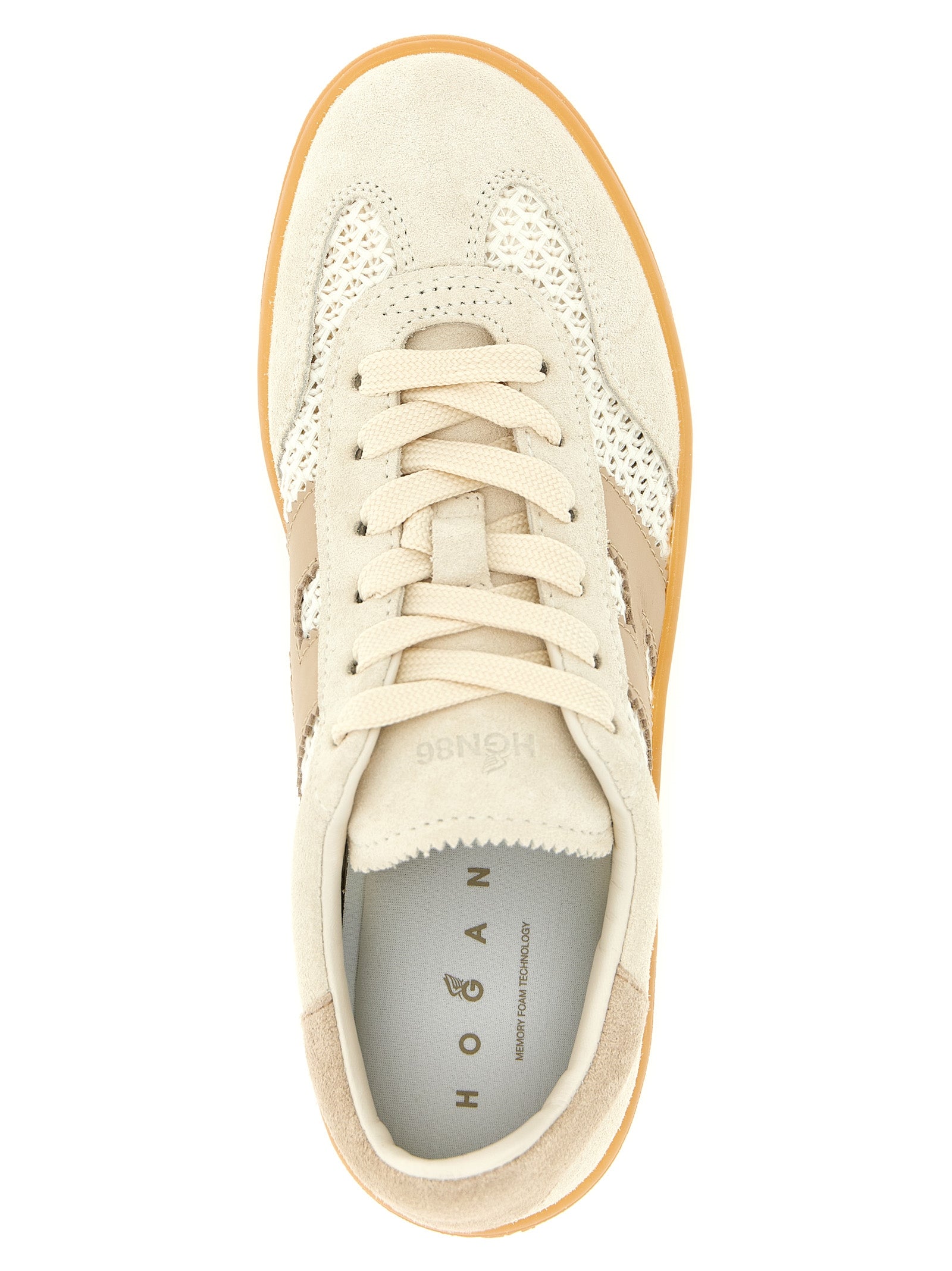 Sneakers by Hogan for women in suede calf leather & cotton beige features a chic design, perfectly showcasing the chic low-top style of this Women's Low Top Suede Calf Leather & Cotton Sneakers.