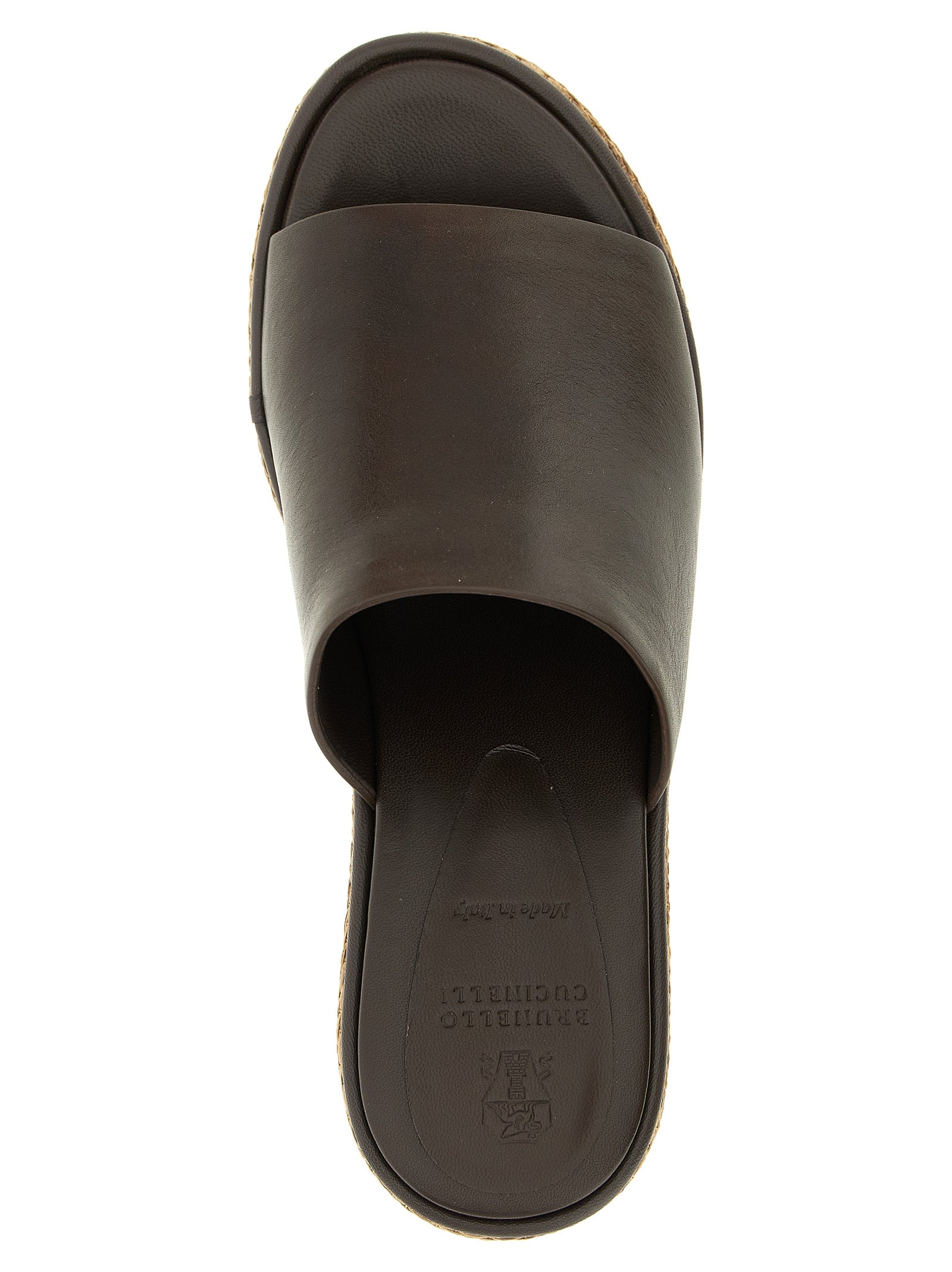 Wedge Sandals by Brunello Cucinelli for women in raffia & calfskin leather brown features an exquisite silhouette, showcasing the exquisite Essence Heart Women's Raffia & Calfskin Leather Wedge Sandals with a wedge and .