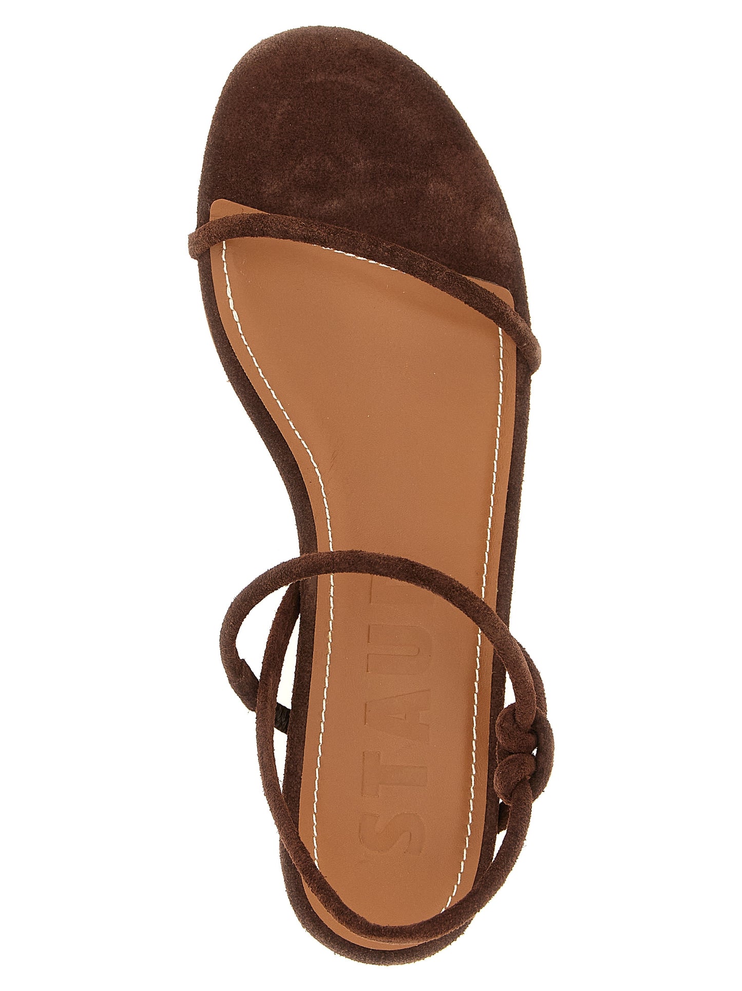 Flat Sandals by Staud for women in bos taurus suede cowhide leather brown showcases a sculptural silhouette as Laurel Women's Bos Taurus Suede Cowhide Leather Flat Sandals, defined by a sculptural flat and sculptural for a sculptural look.