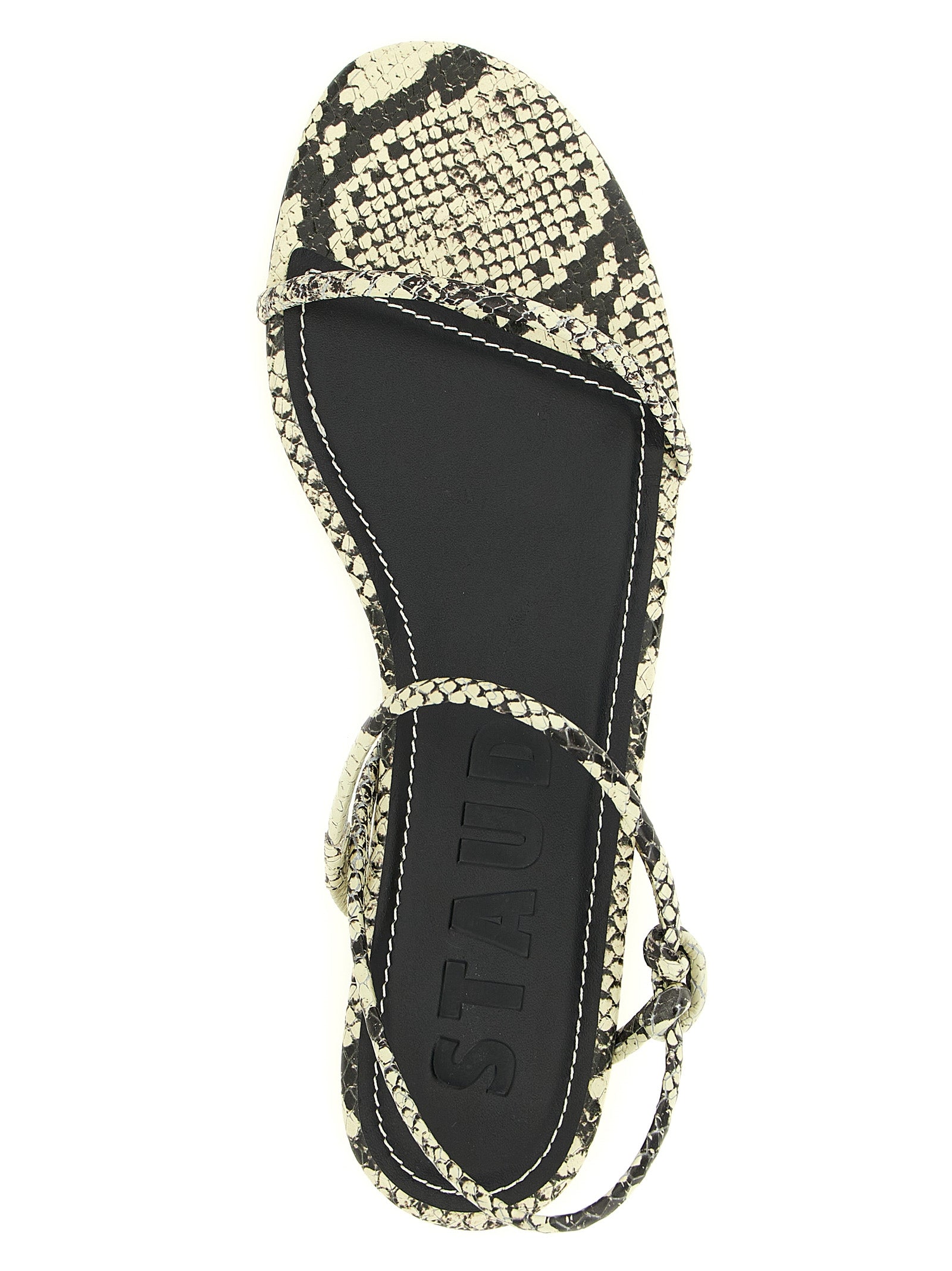 Flat Sandals by Staud for women in bos taurus cowhide python leather bicolour, black, white & print showcases a sculptural silhouette as Laurel Women's Bos Taurus Cowhide Python Leather Flat Sandals, defined by a sculptural flat and sculptural for a sculptural look.