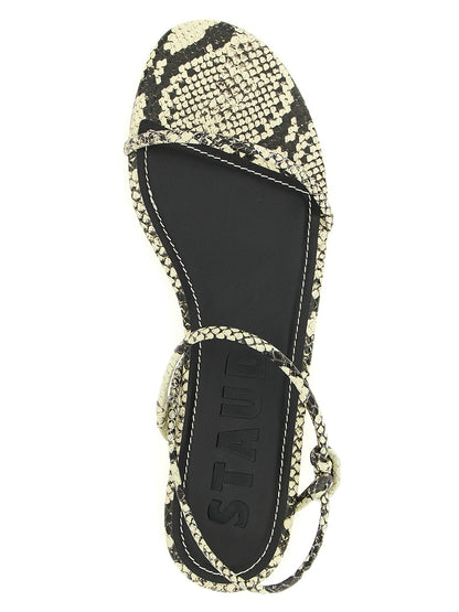Flat Sandals by Staud for women in bos taurus cowhide python leather bicolour, black, white & print showcases a sculptural silhouette as Laurel Women's Bos Taurus Cowhide Python Leather Flat Sandals, defined by a sculptural flat and sculptural for a sculptural look.
