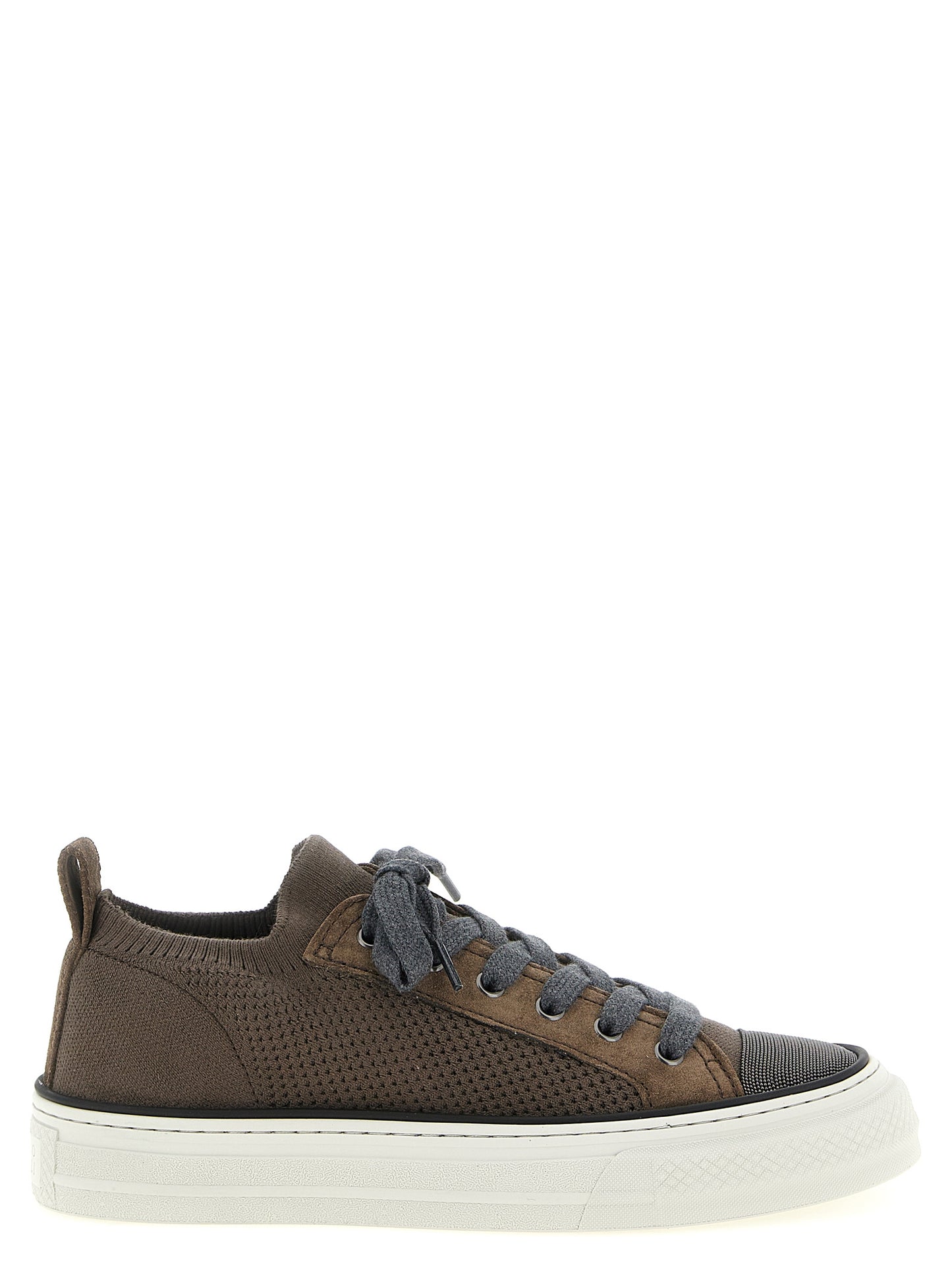 Sneakers by Brunello Cucinelli for women in suede leather & cotton brown features a chic design, perfectly showcasing the chic low-top slip-on style of this Monile Women's Low Top Slip On Suede Leather & Cotton Sneakers.