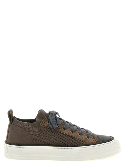 Sneakers by Brunello Cucinelli for women in suede leather & cotton brown features a chic design, perfectly showcasing the chic low-top slip-on style of this Monile Women's Low Top Slip On Suede Leather & Cotton Sneakers.