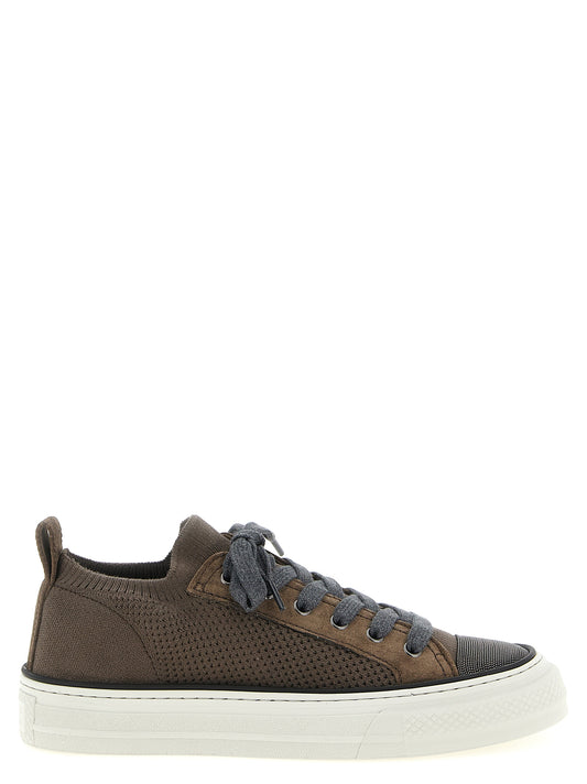 Sneakers by Brunello Cucinelli for women in suede leather & cotton brown features a chic design, perfectly showcasing the chic low-top slip-on style of this Monile Women's Low Top Slip On Suede Leather & Cotton Sneakers.