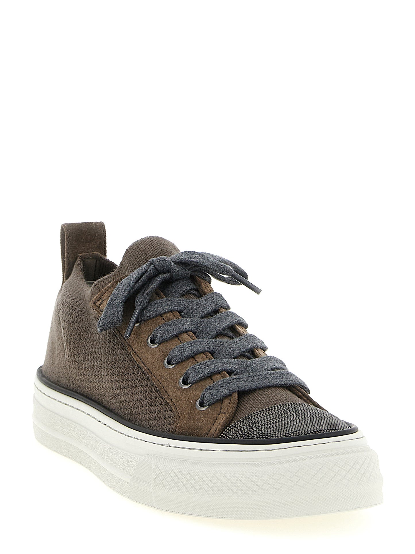 Sneakers by Brunello Cucinelli for women in suede leather & cotton brown features an versatile design from the Monile Women's Low Top Slip On Suede Leather & Cotton Sneakers collection, highlighting a versatile low-top slip-on style for a premium, high-fashion look.