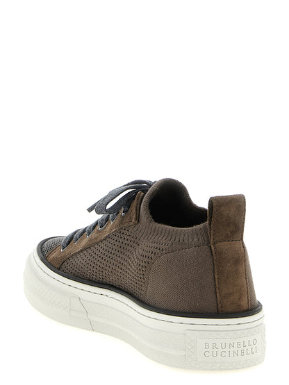 Sneakers by Brunello Cucinelli for women in suede leather & cotton brown features an versatile design from the Monile Women's Low Top Slip On Suede Leather & Cotton Sneakers collection, highlighting a versatile low-top slip-on style for a premium, high-fashion look.