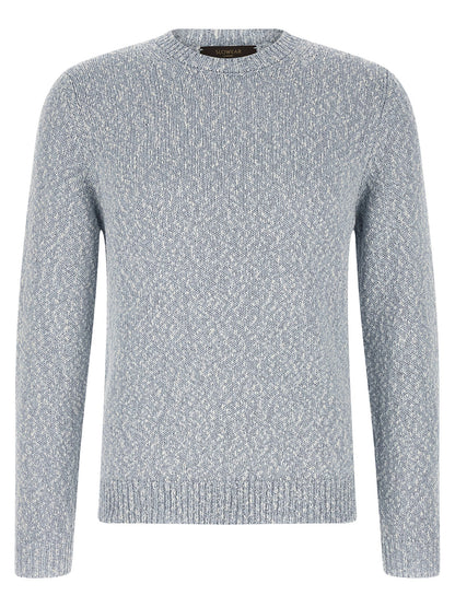 Cardigan by ZANONE for men in cotton light-blue features a dramatic silhouette, showcasing a sophisticated crew neckline and dramatic detail for a timeless, premium look.