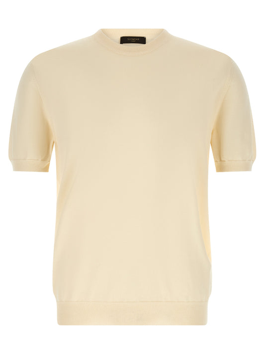 Cardigan by ZANONE for men in cotton beige showcases a luxurious silhouette, meticulously detailed with a sophisticated crew neckline and short-sleeve for a refined finish.