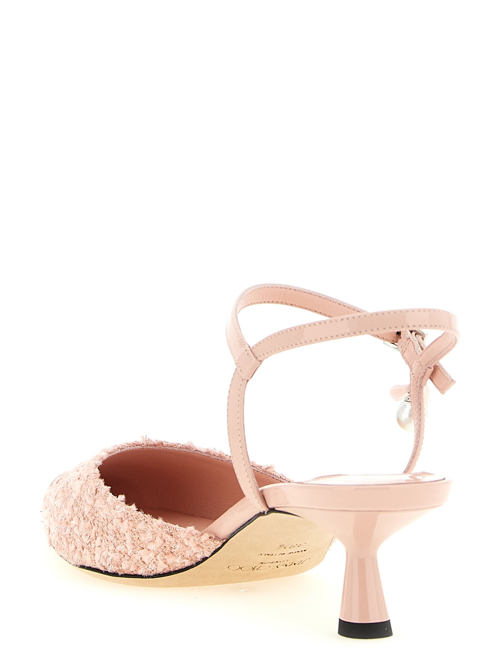 Mid-Heel Ankle Strap Slingback Pumps Heels by Jimmy Choo for women in synthetic patent leather multicolor, pearl & pink showcases a exquisite silhouette, perfectly accentuating Aren Women's Synthetic Patent Leather Mid-Heel Ankle Strap Slingback Pumps Heels with a exquisite mid-heel and exquisite pointed toe style.