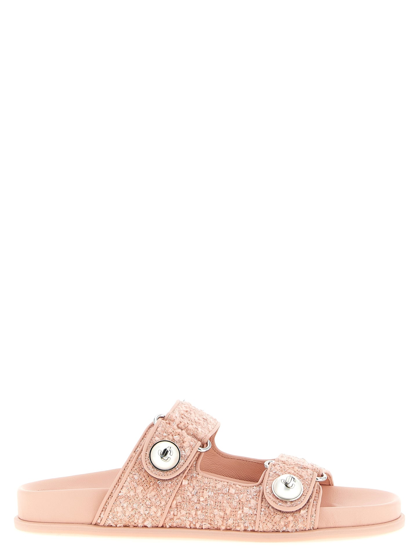 Sliders Sandals Flat Shoes by Jimmy Choo for women in rayon polyester tweed leather multicolor, pearl & pink showcases a enchanting silhouette as part of the Women's Rayon Polyester Tweed Leather Sliders Sandals Flat Shoes collection, defined by a enchanting and for a enchanting look.