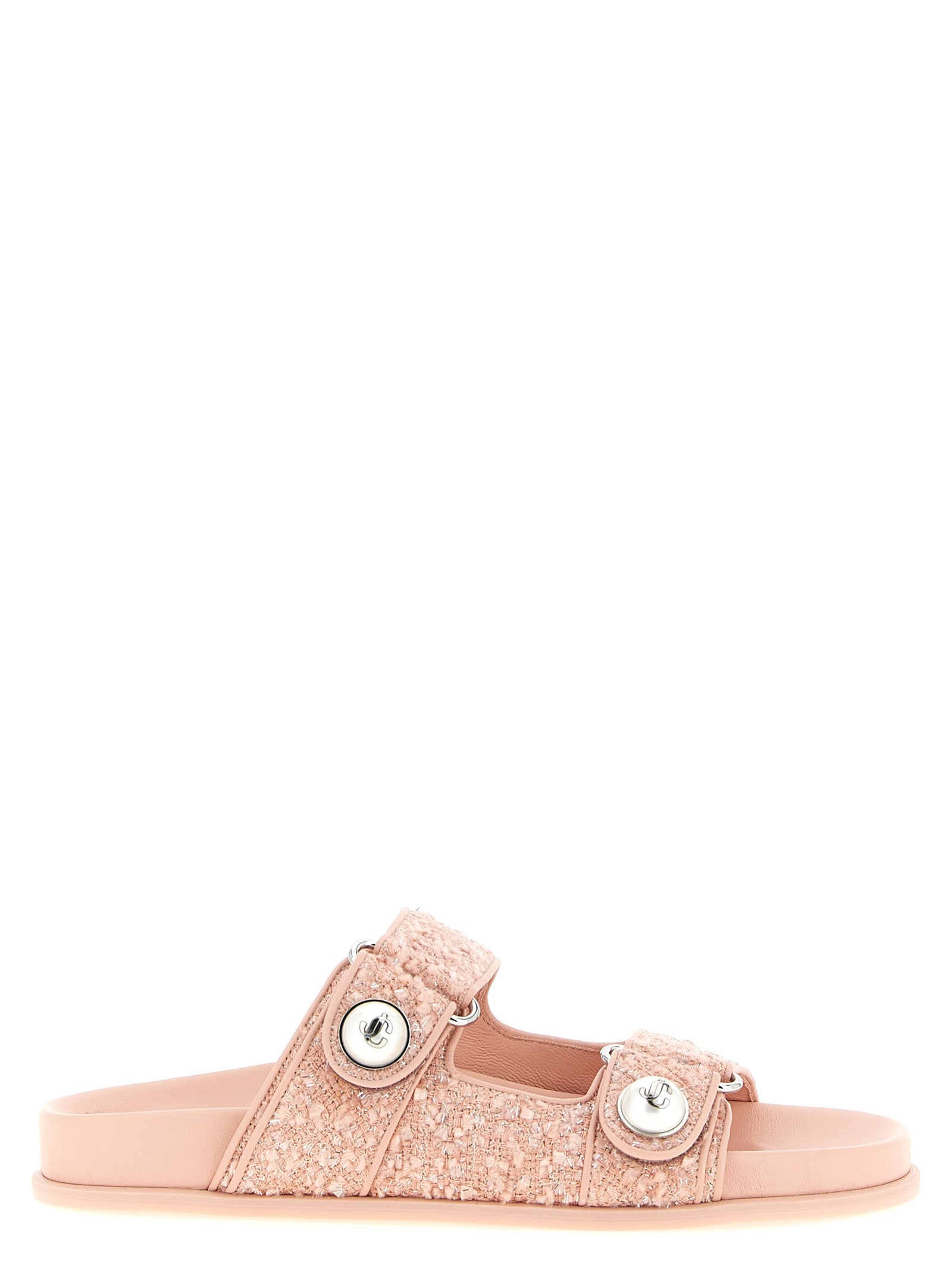 Sliders Sandals Flat Shoes by Jimmy Choo for women in rayon polyester tweed leather multicolor, pearl & pink showcases a enchanting silhouette as part of the Women's Rayon Polyester Tweed Leather Sliders Sandals Flat Shoes collection, defined by a enchanting and for a enchanting look.