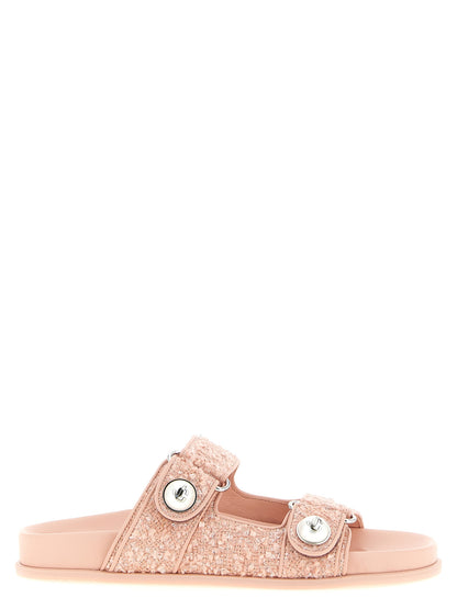 Sliders Sandals Flat Shoes by Jimmy Choo for women in rayon polyester tweed leather multicolor, pearl & pink showcases a enchanting silhouette as part of the Women's Rayon Polyester Tweed Leather Sliders Sandals Flat Shoes collection, defined by a enchanting and for a enchanting look.