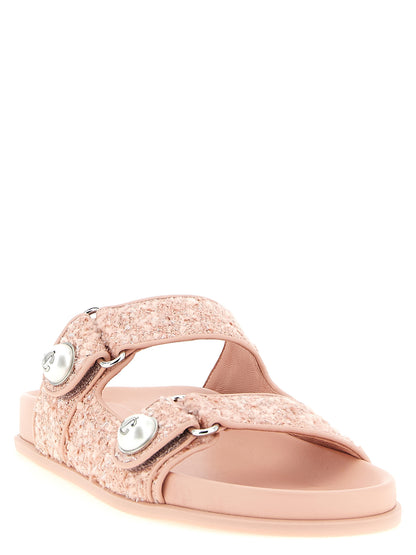Sliders Sandals Flat Shoes by Jimmy Choo for women in rayon polyester tweed leather multicolor, pearl & pink showcases a resplendent Women's Rayon Polyester Tweed Leather Sliders Sandals Flat Shoes aesthetic with a and .