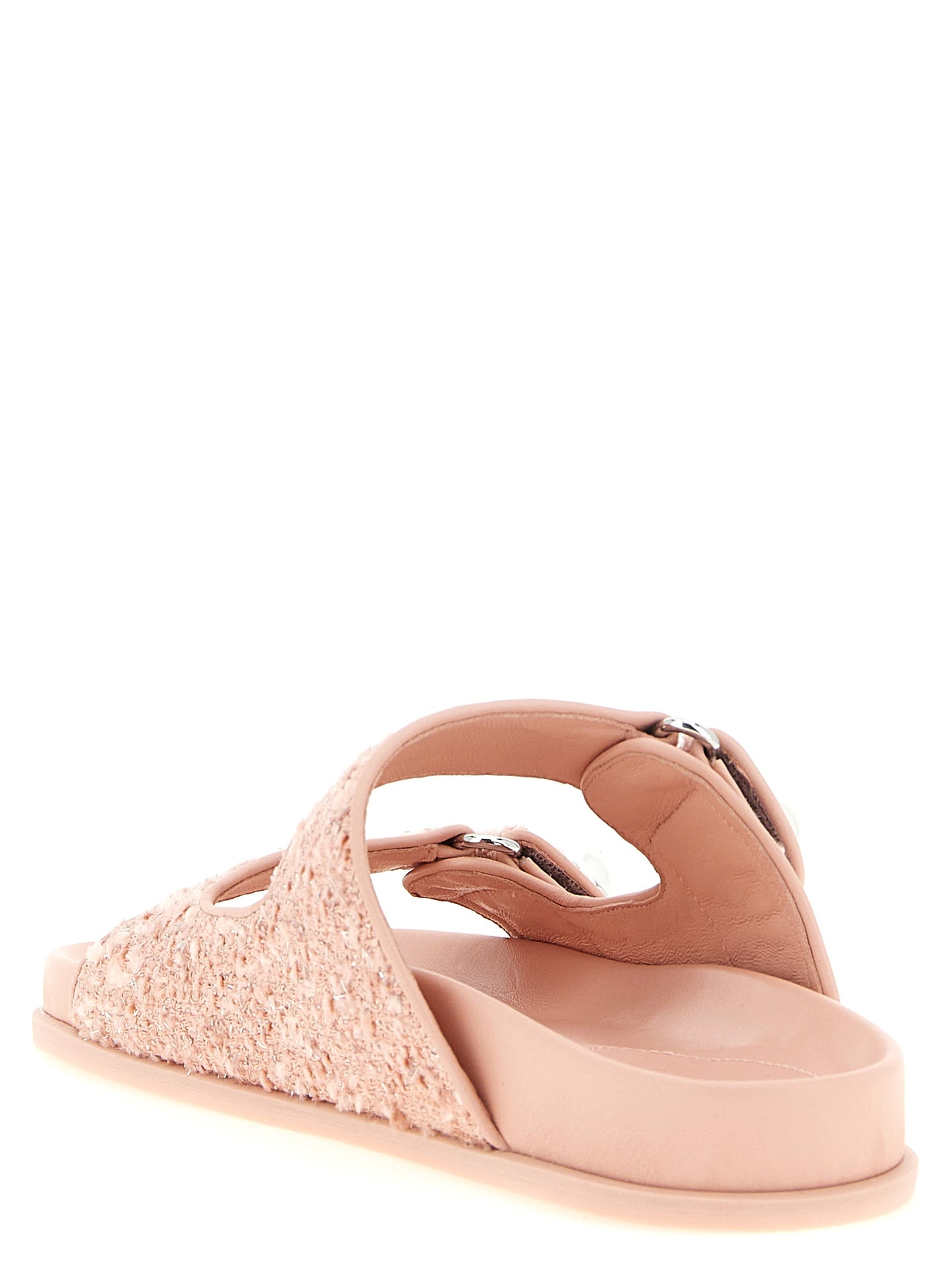 Sliders Sandals Flat Shoes by Jimmy Choo for women in rayon polyester tweed leather multicolor, pearl & pink features an captivating silhouette, showcasing the captivating style of the Women's Rayon Polyester Tweed Leather Sliders Sandals Flat Shoes with its distinct and refined .