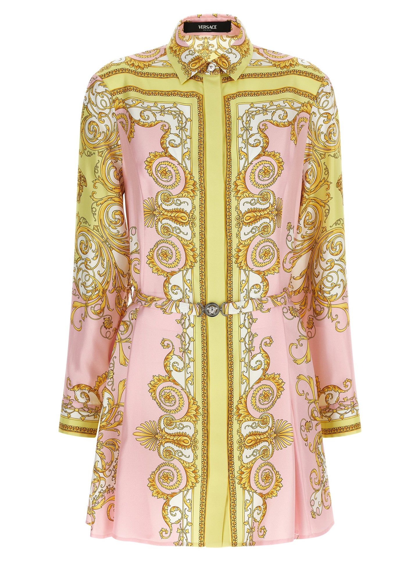 Dress by Versace for women in silk twill multicolor & print features an eye catching silhouette with a sophisticated , elegant , and a refined short mini for a eye catching aesthetic.