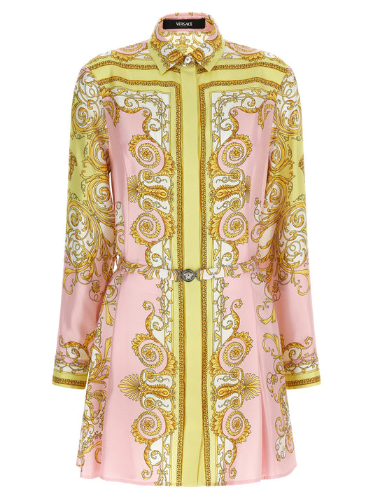 Dress by Versace for women in silk twill multicolor & print features an eye catching silhouette with a sophisticated , elegant , and a refined short mini for a eye catching aesthetic.