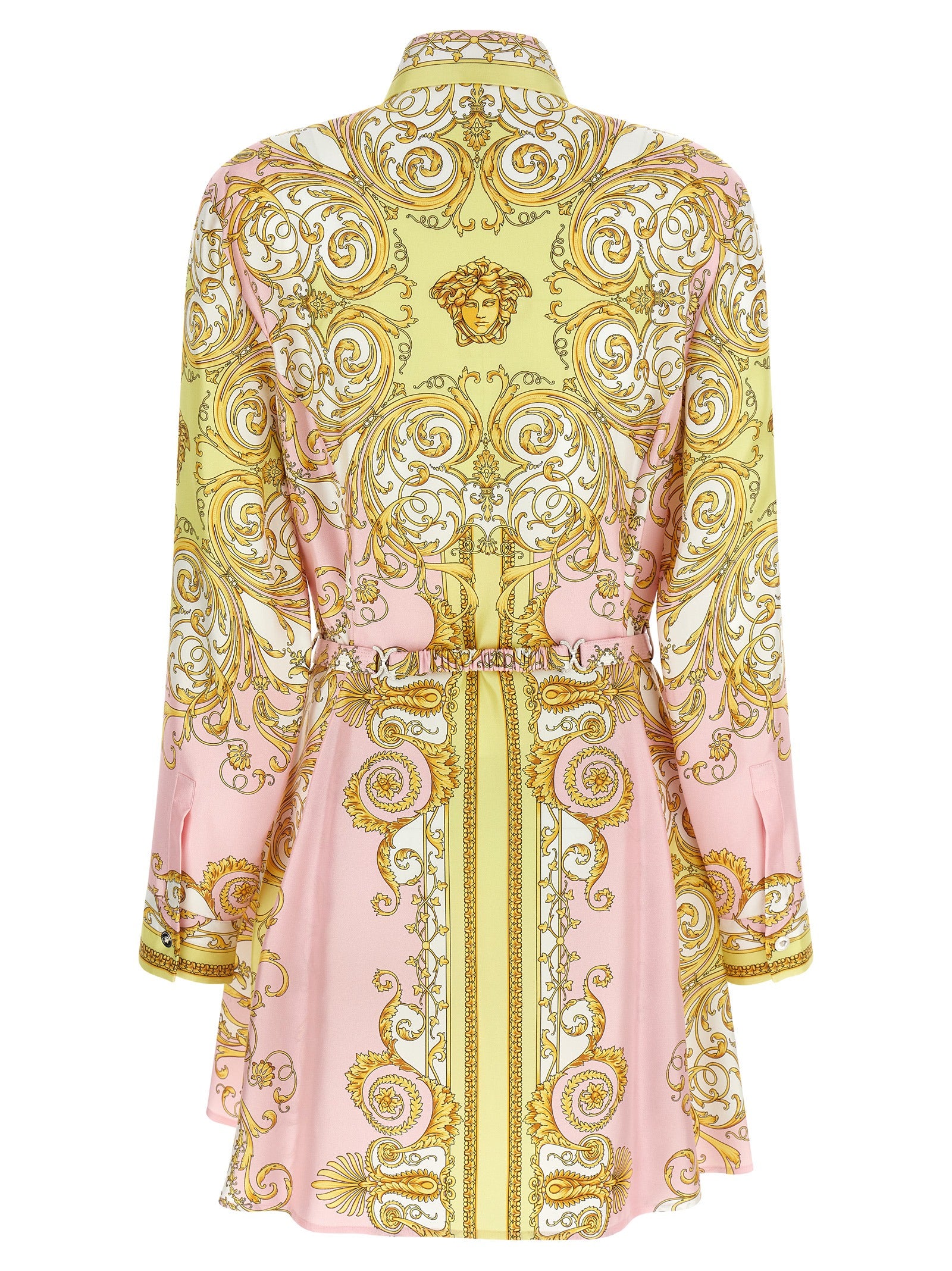 Dress by Versace for women in silk twill multicolor & print features a dramatic silhouette, showcasing an elegant and that flows into a dramatic short mini.