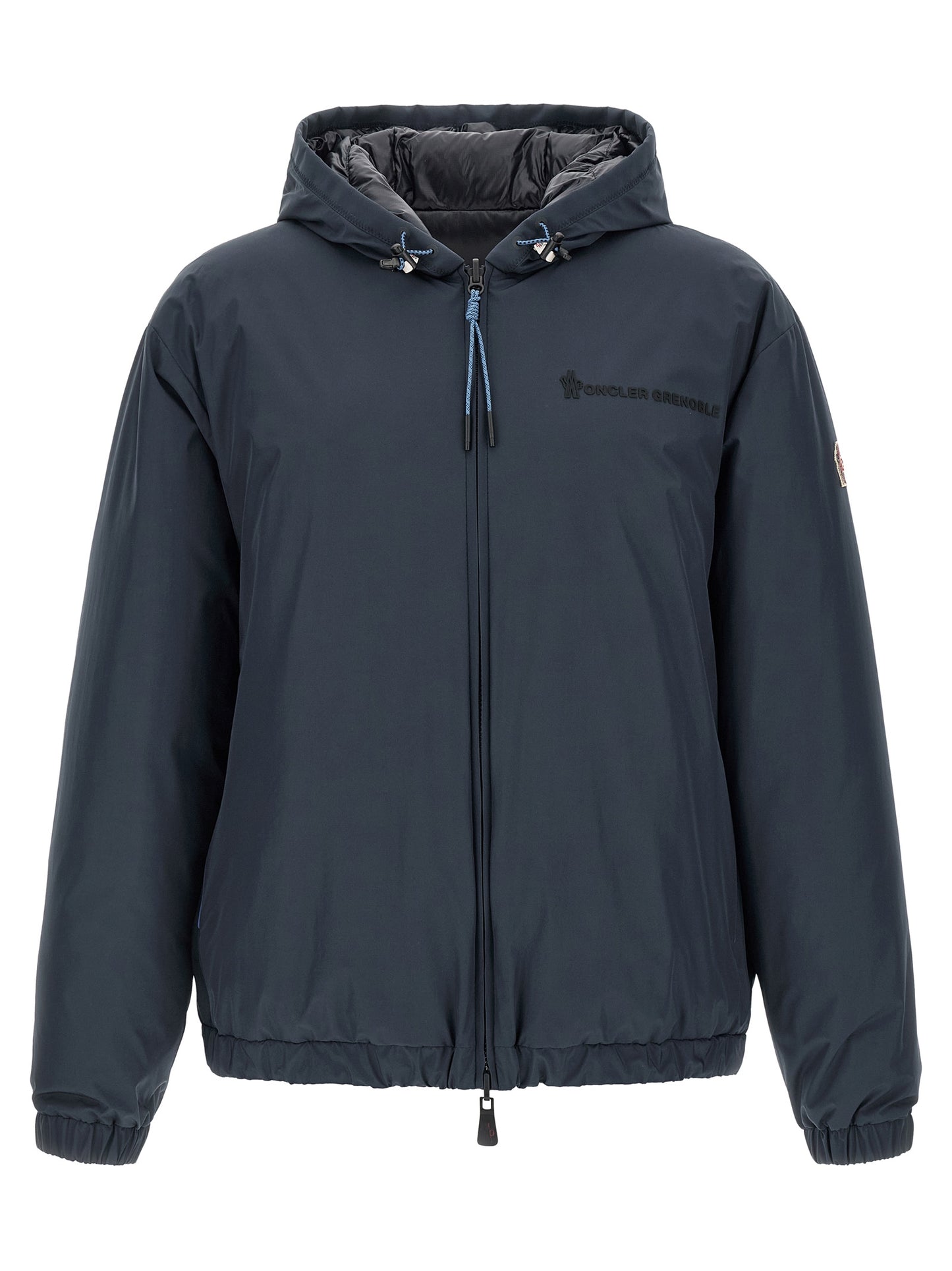 Hooded Windbreaker Jacket by Moncler Grenoble for men in polyamide goose-down & cotton blue features an stylish silhouette, showcasing a sophisticated hooded neckline and performance-driven hooded, insulated & windproof for a premium, stylish look.