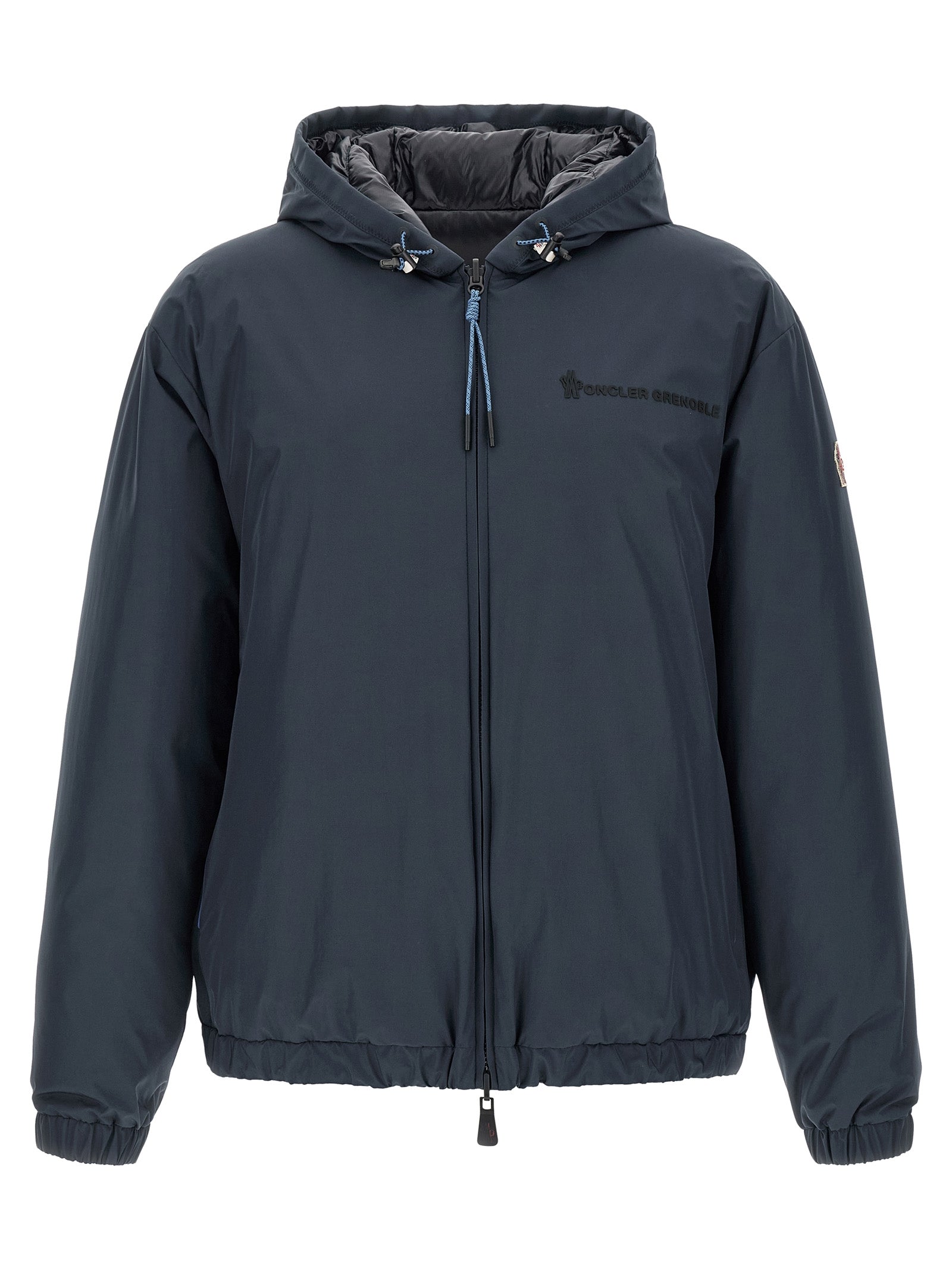 Hooded Windbreaker Jacket by Moncler Grenoble for men in polyamide goose-down & cotton blue features an stylish silhouette, showcasing a sophisticated hooded neckline and performance-driven hooded, insulated & windproof for a premium, stylish look.