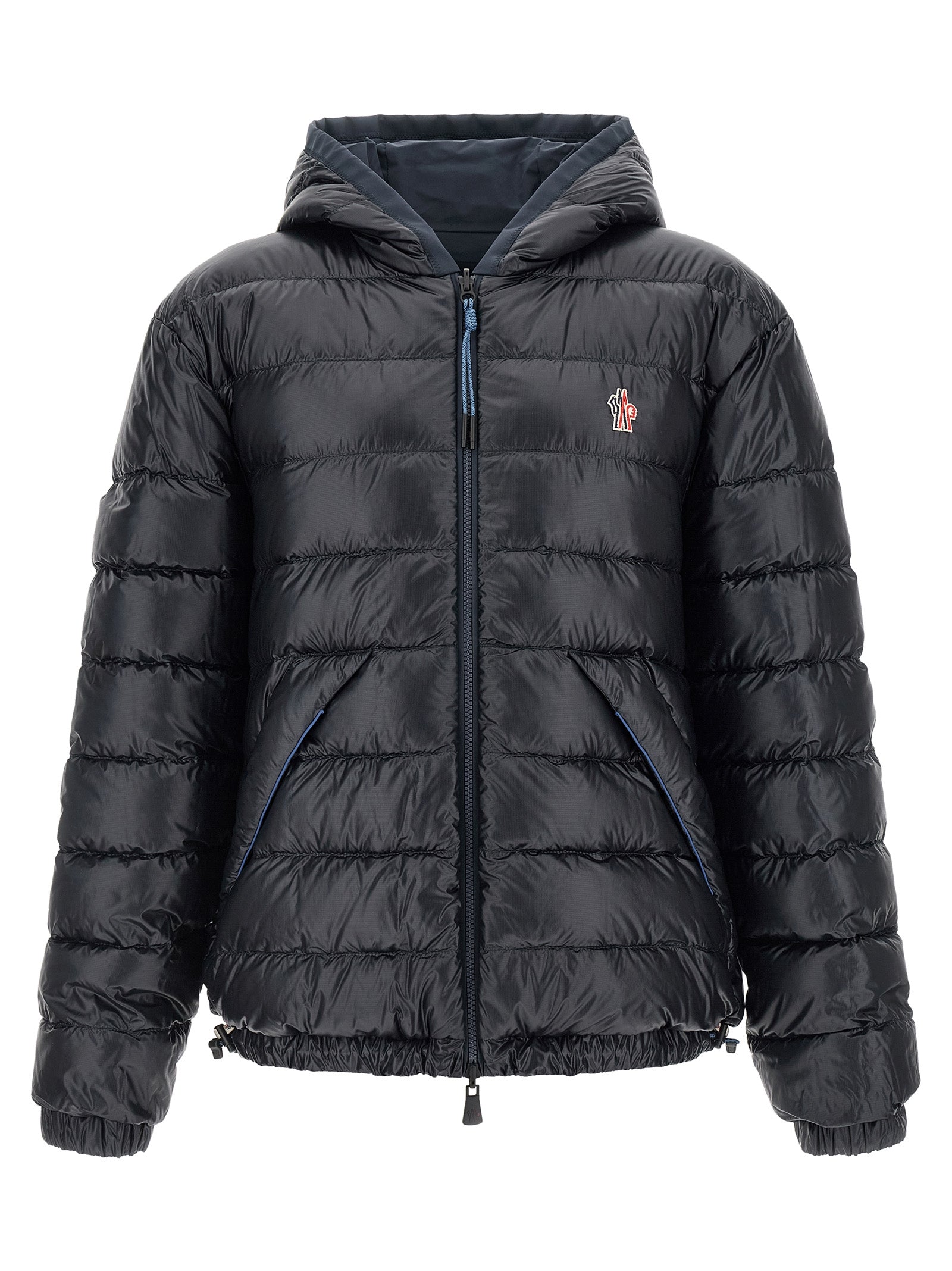 Hooded Windbreaker Jacket by Moncler Grenoble for men in polyamide goose-down & cotton blue presents a resilient silhouette, artfully detailed with a sophisticated hooded neckline and functional hooded, insulated & windproof for a resilient finish.