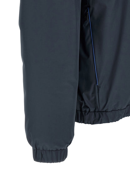 Hooded Windbreaker Jacket by Moncler Grenoble for men in polyamide goose-down & cotton blue features an enduring silhouette, showcasing technical hooded, insulated & windproof and a sophisticated for a truly enduring aesthetic.