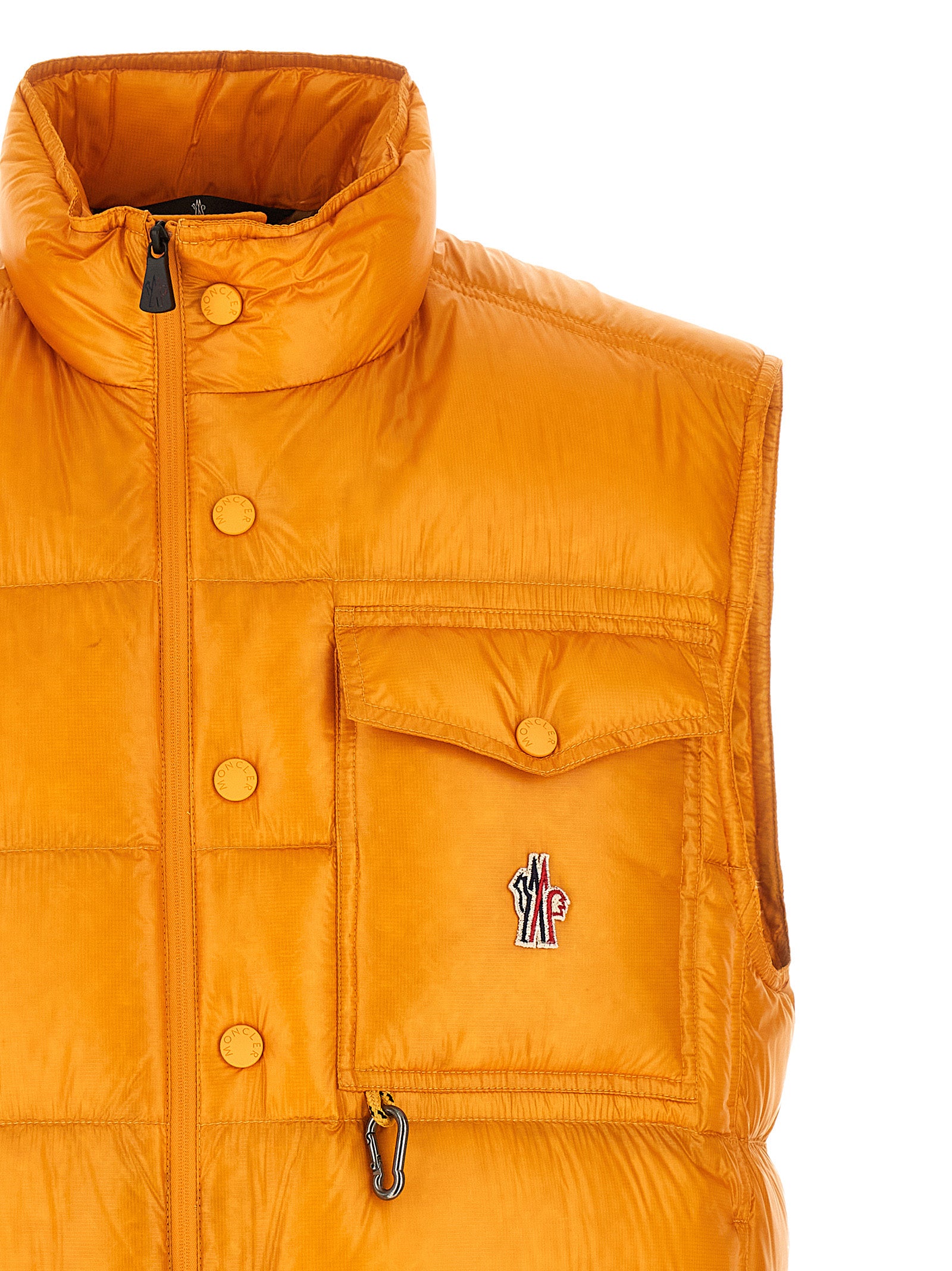 Vest by Moncler Grenoble for men in polyester bicolour & yellow showcases a utilitarian silhouette, artfully incorporating insulated and a utilitarian for a truly utilitarian finish.