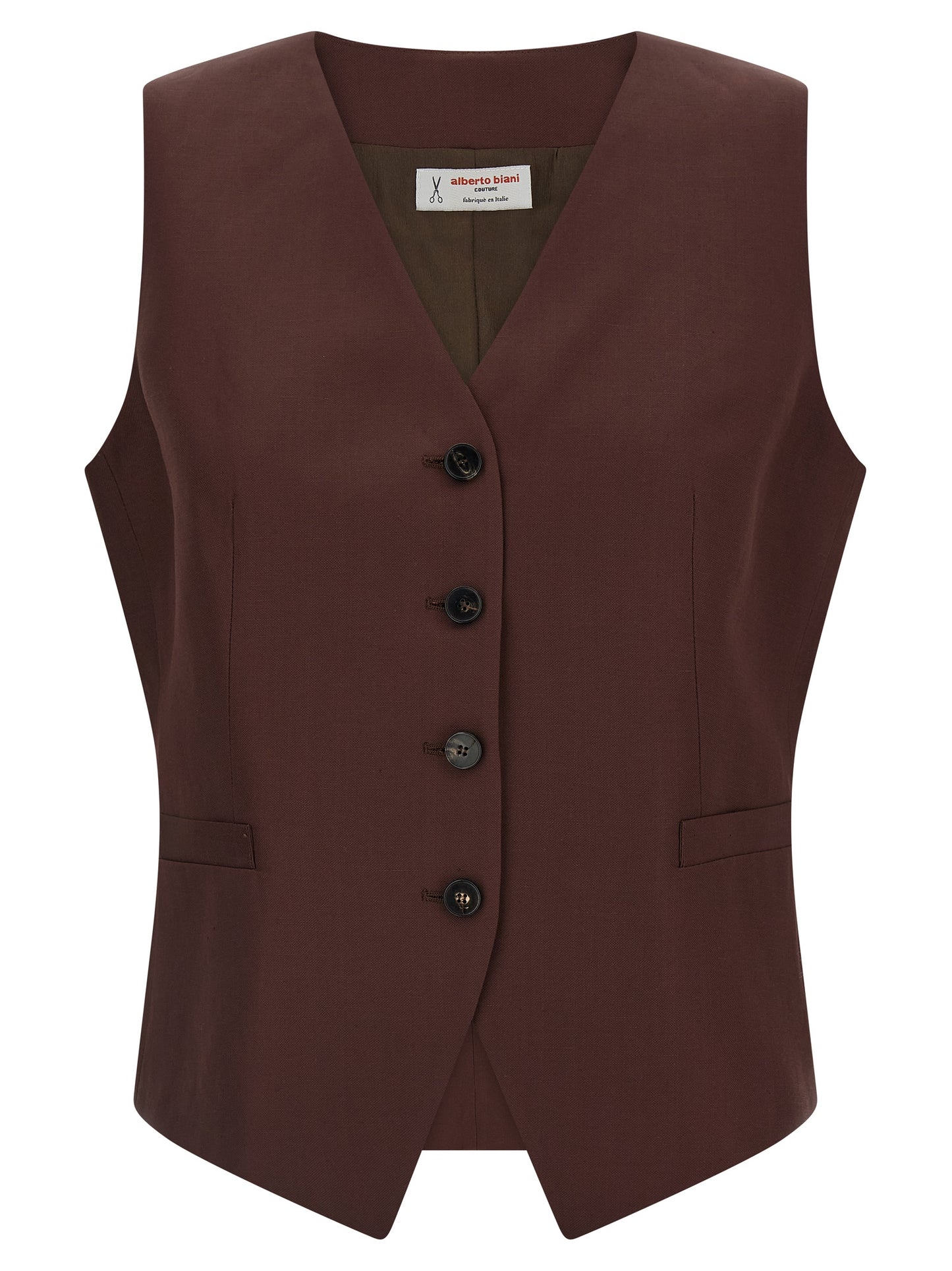 Vest by Alberto Biani for women in linen & viscose brown features an contemporary silhouette, showcasing refined pockets and a contemporary v-neck asymmetric neckline for a sophisticated layered look.