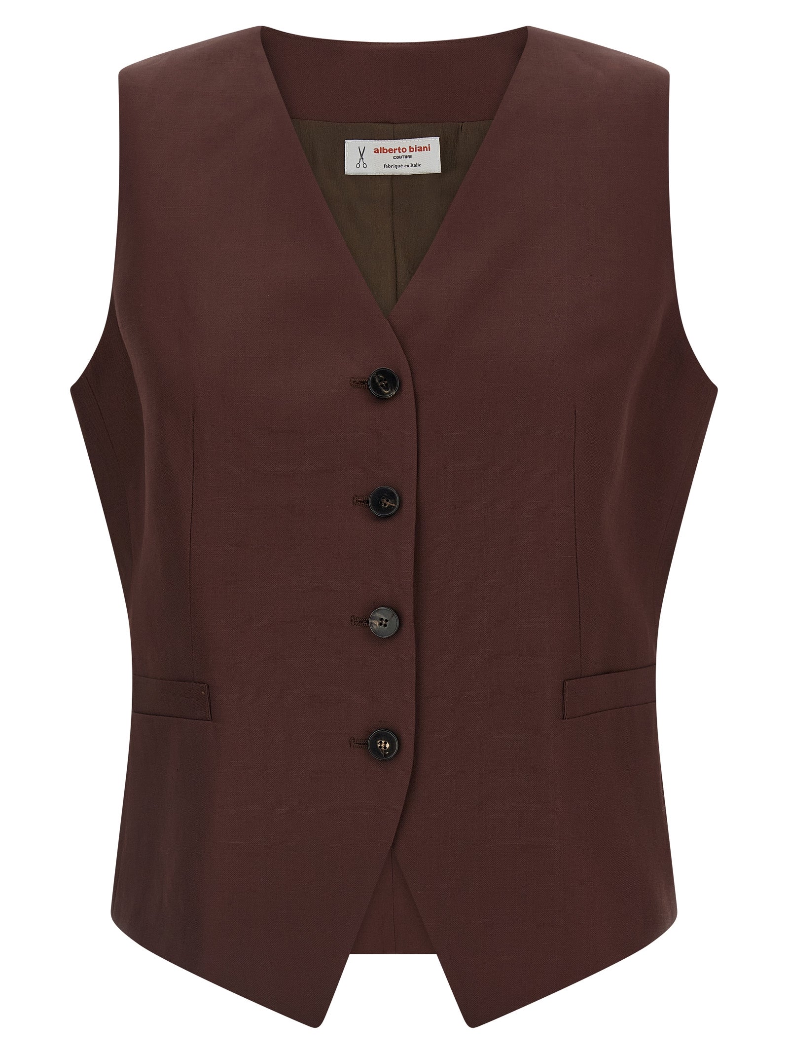 Vest by Alberto Biani for women in linen & viscose brown features an contemporary silhouette, showcasing refined pockets and a contemporary v-neck asymmetric neckline for a sophisticated layered look.