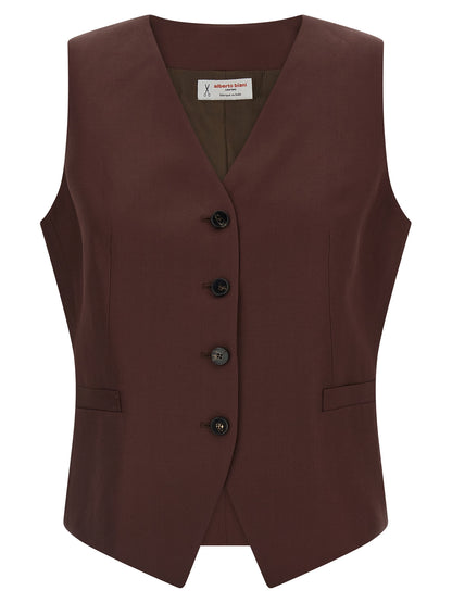 Vest by Alberto Biani for women in linen & viscose brown features an contemporary silhouette, showcasing refined pockets and a contemporary v-neck asymmetric neckline for a sophisticated layered look.