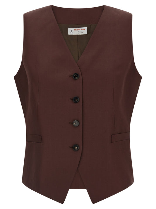 Vest by Alberto Biani for women in linen & viscose brown features an contemporary silhouette, showcasing refined pockets and a contemporary v-neck asymmetric neckline for a sophisticated layered look.