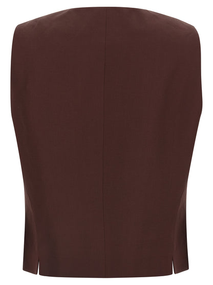 Vest by Alberto Biani for women in linen & viscose brown features an on trend silhouette, showcasing a sophisticated v-neck asymmetric neckline and premium pockets for a truly on trend finish.