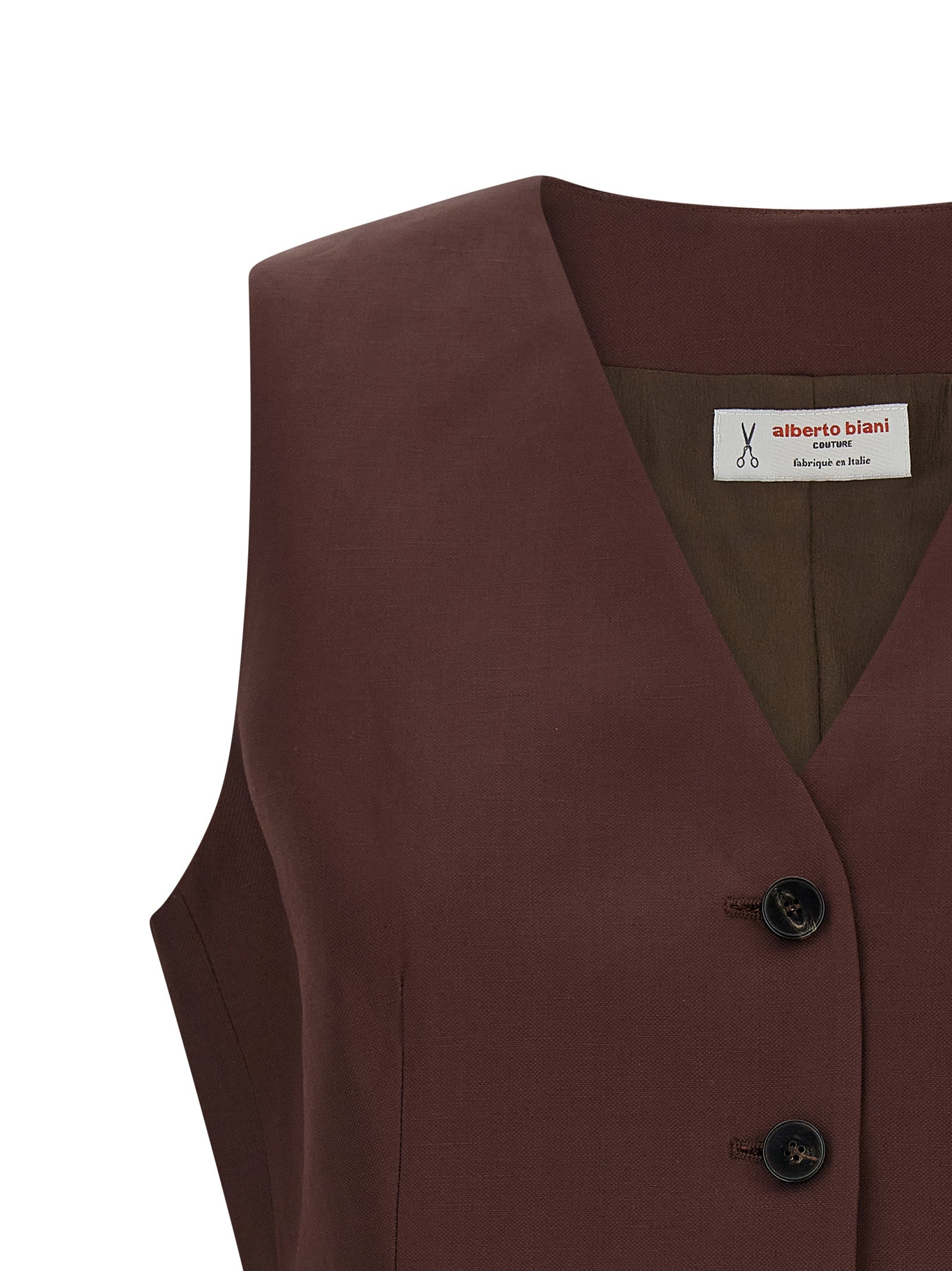 Vest by Alberto Biani for women in linen & viscose brown features a enviable silhouette, elegantly detailed with a enviable v-neck asymmetric neckline and functional pockets for a enviable finish.